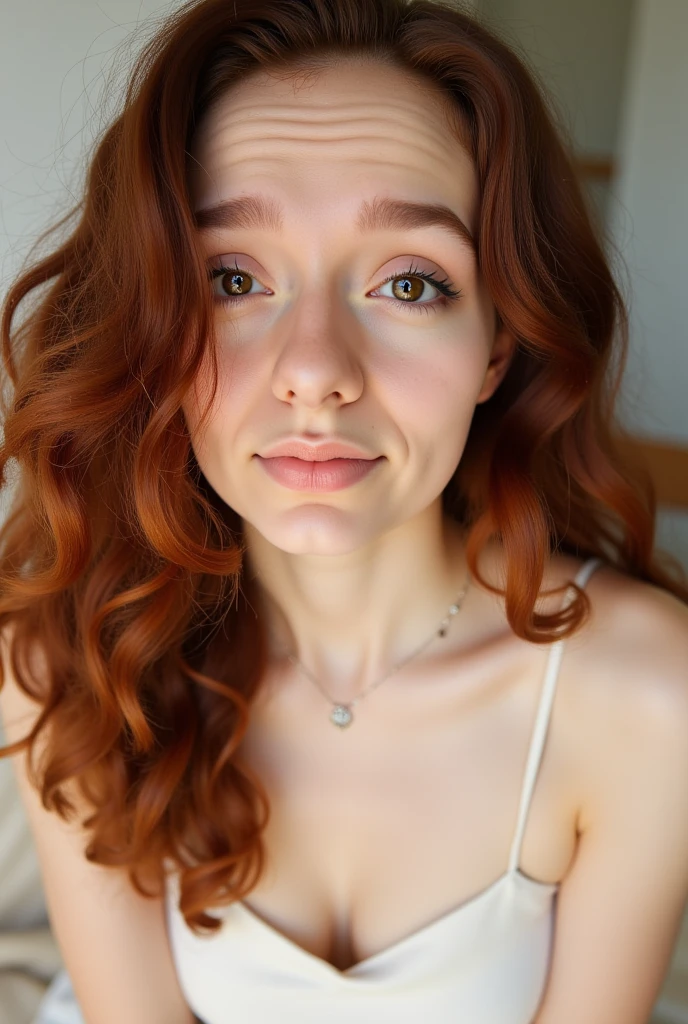 The image is a photograph of a young woman with a light skin tone and long, curly, auburn hair that falls over her shoulders. She has a round face with a slightly pouty, neutral expression. Her eyes are a light brown color and she has a subtle makeup look with a focus on her natural features. She is wearing a dark, spaghetti-strap top, which reveals her shoulders.