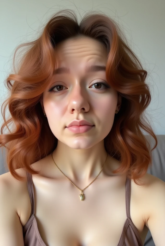 The image is a photograph of a young woman with a light skin tone and long, curly, auburn hair that falls over her shoulders. She has a round face with a slightly pouty, neutral expression. Her eyes are a light brown color and she has a subtle makeup look with a focus on her natural features. She is wearing a dark, spaghetti-strap top, which reveals her shoulders.