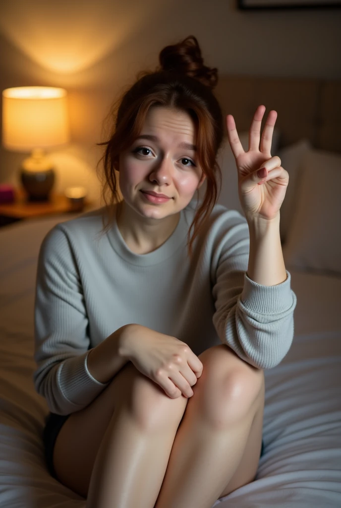 This is a photograph of a young woman taken indoors, likely in a bedroom. She is sitting on a bed or a floor, with her legs bent and her body leaning slightly to one side. She has fair skin and auburn hair styled in a messy bun on top of her head. She is making a peace sign with her right hand, which is raised, and her left hand is resting on her knee.