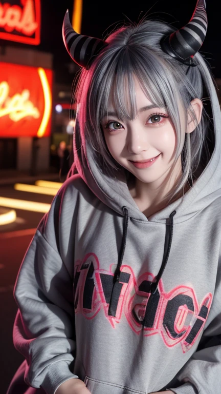  detailed background, masterpiece, Best Quality, smile, Nakari Iris,  striped hair, oni horns, Gray Hair, Twin Pan, red eyes, smile,  HOODIE,  PORTRAIT, neon, Graffiti, dark,  Knight ,  glowing eyes,  Black Light