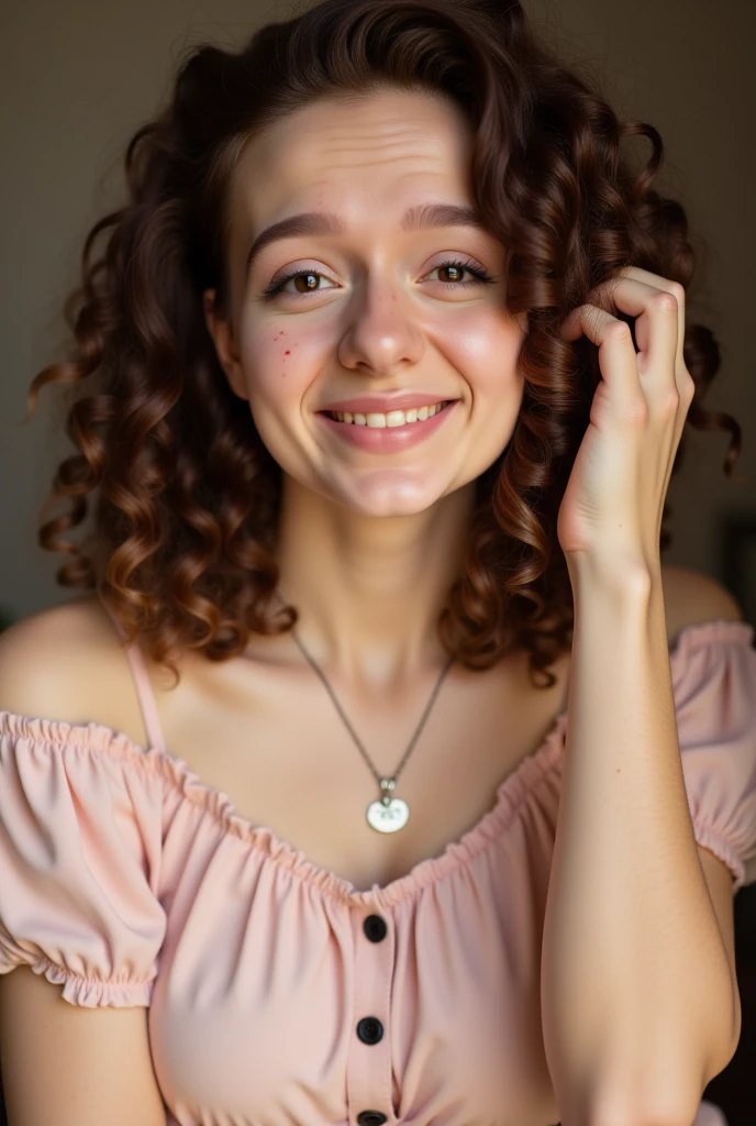 The image is a photograph of a young woman with curly, light brown hair and a fair complexion, smiling warmly at the camera. She has a light dusting of freckles across her cheeks and nose. She is wearing a soft, pastel pink blouse with short, puffed sleeves.