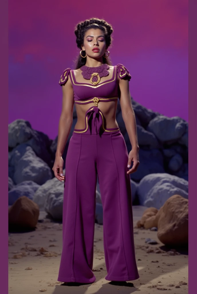 (1 nubile genie, with hybrid face of Karen McDougal & Lee Meriwether, kneeling in namaste pose, beautiful goddess, greek goddess hairstyle & high ponytail hairstyle, lithe & bodacious body, perfectly rendered hands & fingers, perfectly rendered feet & toes, highly detailed face, detailed eyes, lips and skin texture, intricately detailed harem clothing, exotic belly dancer regalia, detailed purple lightning environment, dynamic lighting, vivid colors, photorealistic, cinematic composition, masterpiece, best quality, 8k, highly detailed)