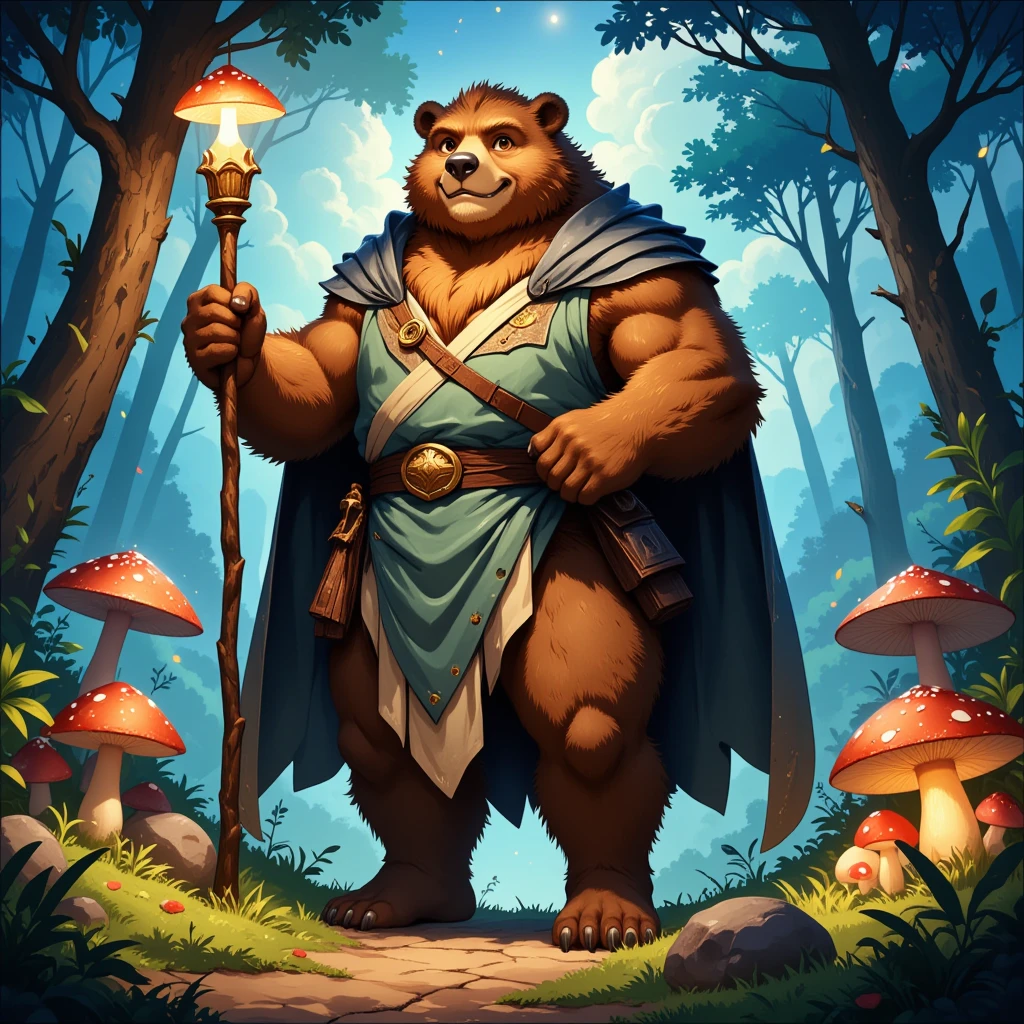 character focus, full body, looking away, dynamic angle, fantasy, middle-aged magical bear man, little smile, magical costume clothes, magical mushroom stick, robe, shirt, pants, boots, BREAK full body in Michelangelo Buonarroti style, housamo style, digital illustration anime, detailed painting landscape, magical Forest, glowing mushrooms grow everywhere, like a picture book, full color, HDR, BREAK complete anatomy, perfect proportions, beautiful thigh gap, fluffy body, intricate fur details, beautiful fur texture, BREAK a detailed bear 1tail, detailed boots, detailed 4toes, detailed foot, detailed hands, 5fingers, 5fingers nails, BREAK aesthetic anime face, insanity detailed face, male face, big face, square jawline, aesthetic anime eyes, detailed brown eyes, detailed brown cornea, detailed dark brown irises, detailed pupils, male eyes, big eyes, male eyebrows, innocent look, beautiful beard, BREAK masterpiece, official art, best quality, very aesthetic, absurdres, super fine illustration, great quality, BREAK noise reduction, very highres, large filesize, high quality, 32K, 8k wallpaper, dynamic lighting, BREAK insanity detailed, ultra detailed, intricate details, extremely detailed, detailed texture, an extremely delicate and beautiful, BREAK e621 illustration, osukemo, kemohomo, anthropomorphic, furry, cartoon, harmonious, pastoral face, virtuous eyes, magical atmosphere