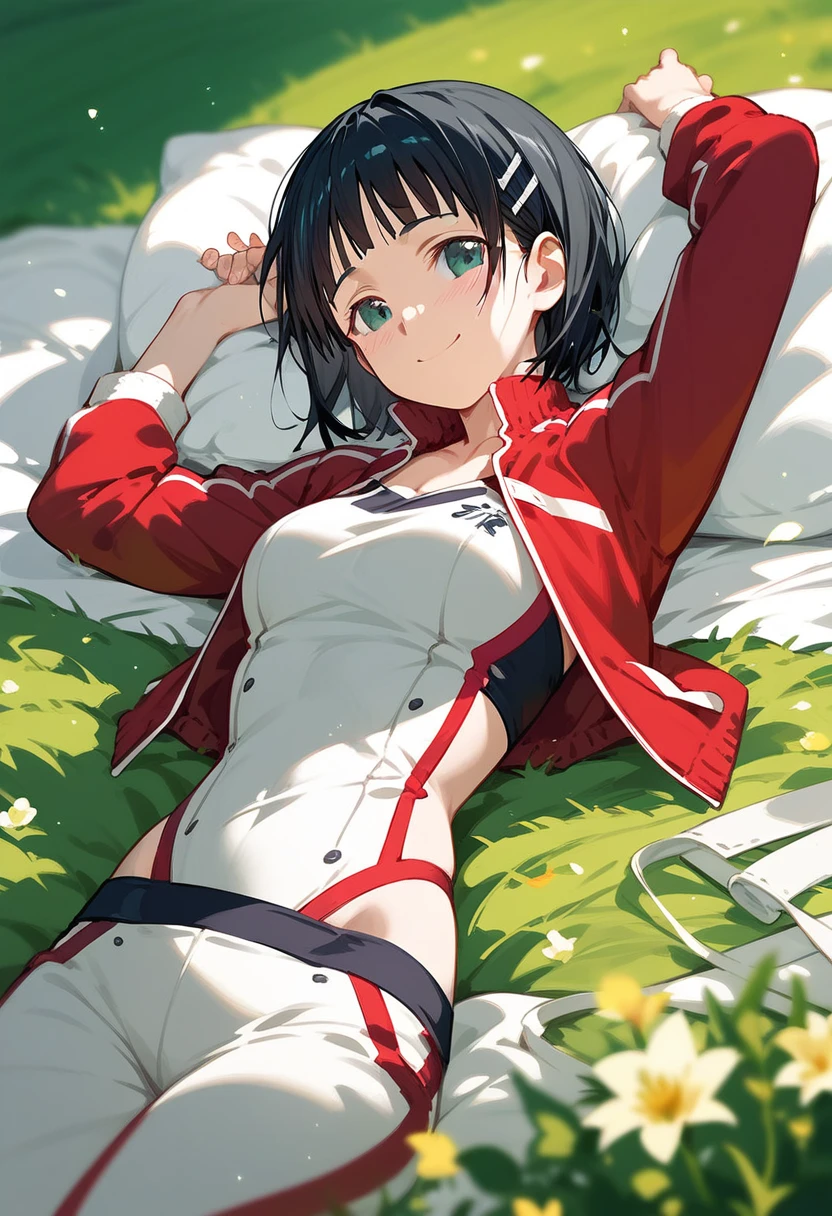 kirigaya suguha(Sword Art Online)、Track and field clothes 、 bed、sit、smile、Black Bob Hair、Bob