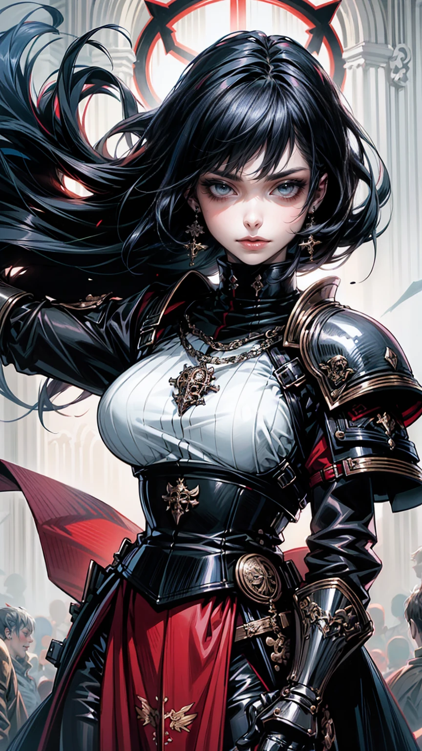 1 girl, rogue trader, black hair, robes, medium breasts, smug expression, sash, upper body, inside a palace, 8k, sharp focus, bright blue eyes, jewelry, frills, skull choker, embroidery, black eyeliner, runny eyeliner, gloves, bodice, midriff, long sleeved jacket, 1700s style clothing, long hair, short shorts, thigh high boots, warhammer 40k