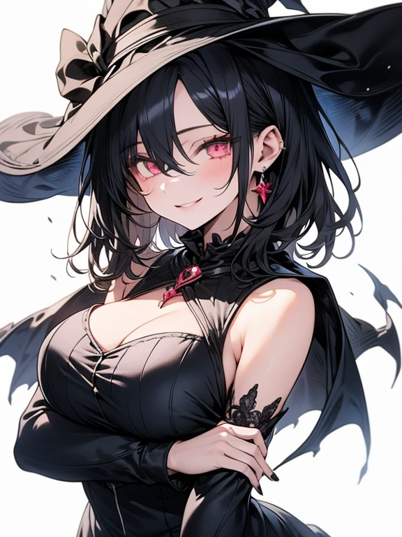 thick, wizard, nsfw, big , wizard hat, eye mole, red lipstick, heavy makeup, looking sexy, ae style, nipple pie, jewelry, motherly, black hair, full body, half closed eyes