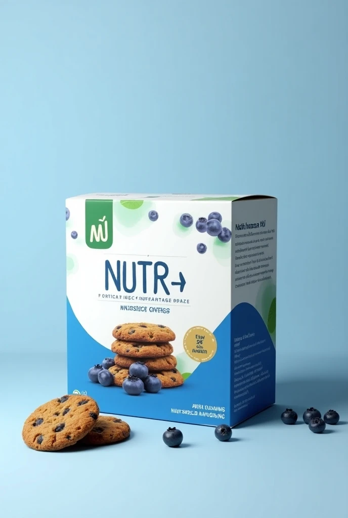 Box of blueberry fruit flavor cookies that highlight the name of the brand +NUTRI and showing that it contains 2 grams of protein .