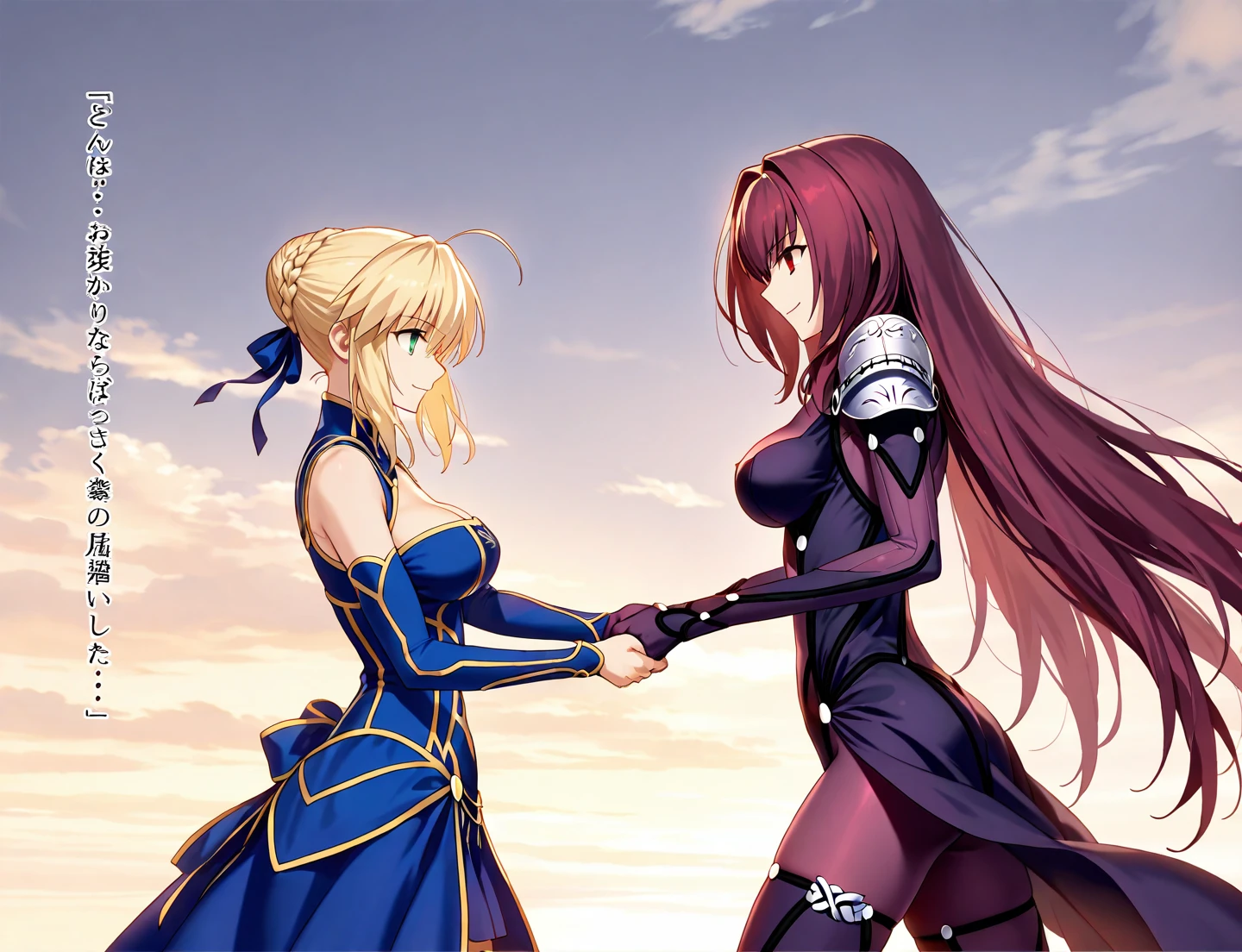  High resolution,  masterpiece , necessary, detail,  best quality, quality,  lyrics,  TEXT, 

 2girl, alone, linda,  Costume, Of profile

Scathach  , scathach   Fate Grand Order  , fate,   Fate Grand Order  , throw,  long hair ,  curly hair , red eyes,  tight suit , Lancer suit

Artoria pendragon, to know,  Fate Grand Order , blonde hair,  tied hair , bun, Blue dress,  green eyes, rebar 


Handshake , smile,

prado, cloudy, getting dark 