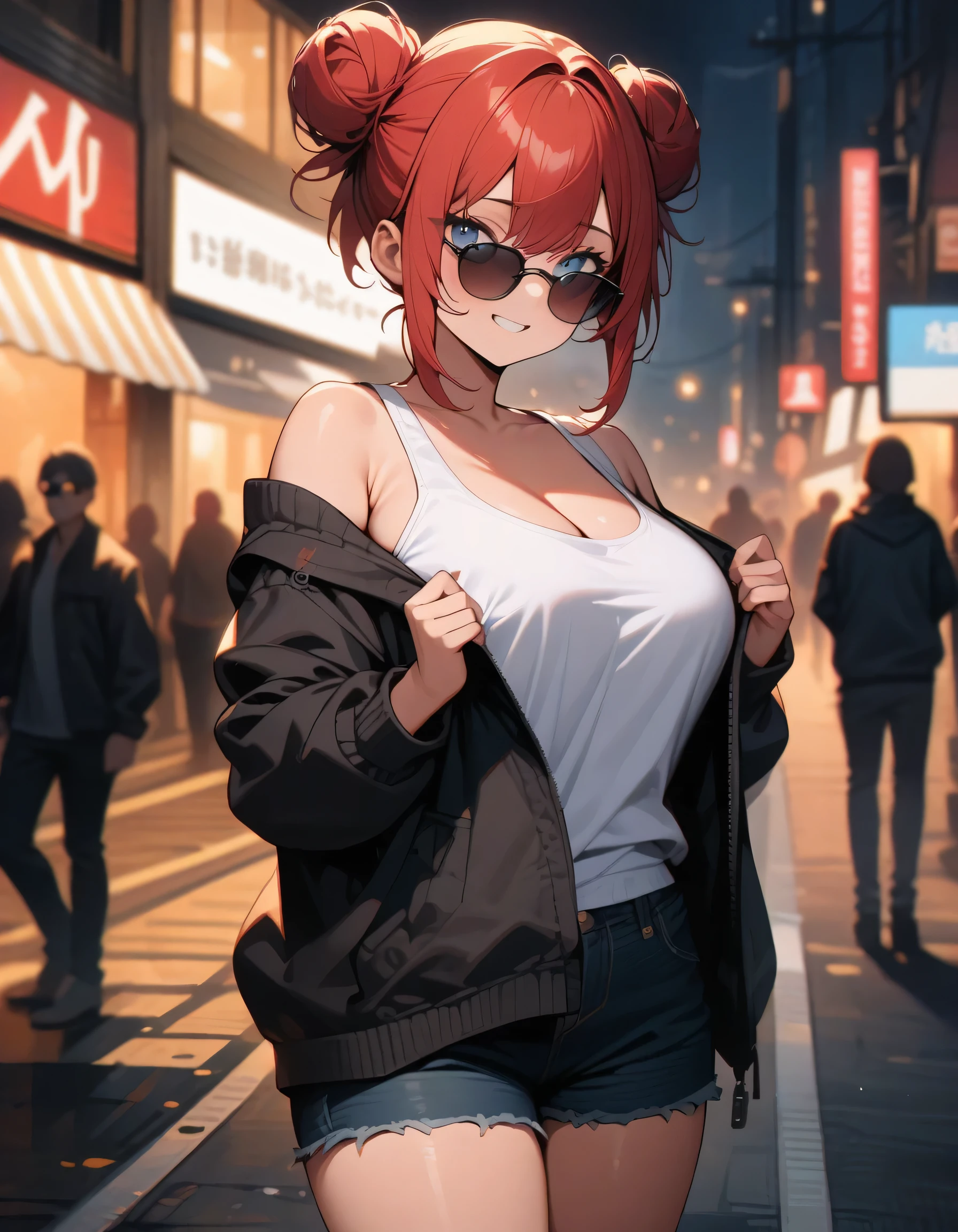 ((masterpiece)), ((best quality)), ((anime profile style)), ((HD 4k)), ((anime character)), ((sweating body)), girl, female face , happy, ((flushed)), smile, ((mouth mask)), light skin, red eyes, Eyelid, Pupil, Sclera, Iris, eyebrow, eyelashes, ear, nose, ((red hair)), neck, shoulders, ((short tummy sweatshirt)), (thin waist), ((Short Fitness Shorts)), ((perfect belly)), arms, ((thick legs)), ((big thigh)), background scenery , ((terrace)), beautiful day, sun, clouds, beautiful view, viewer's view