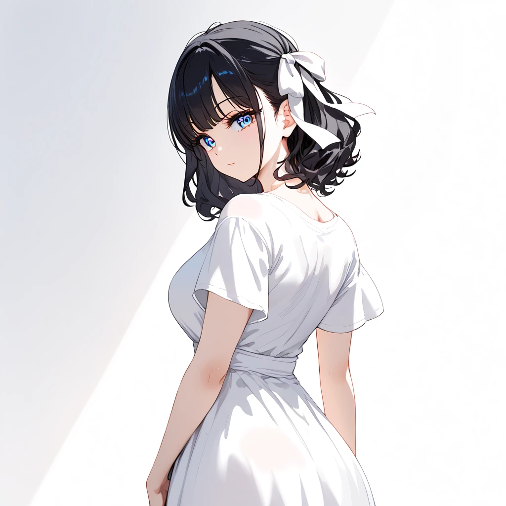 1 female,  black hair , Blue eyes,  Delicate face, beautiful, t-shirt blanco, standing,,  white dress , white background, bewitching thighs, back, Turn back, , about,  upper body, portrait, white ribbon, hair ribbon 