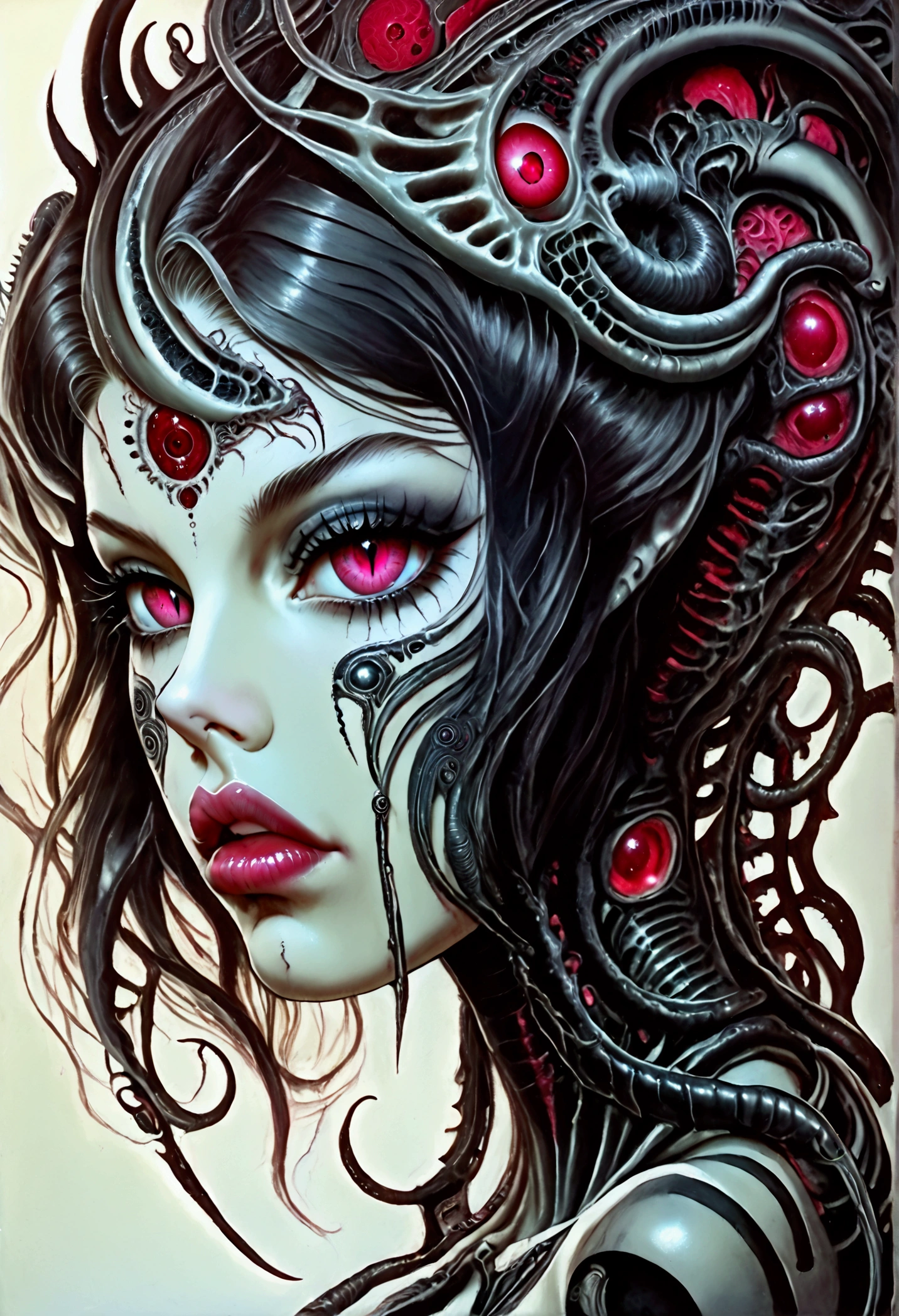 Hr giger tattooed sexy seductive dead girl, perfect face, hyper detailed ruby eyes, full body view,