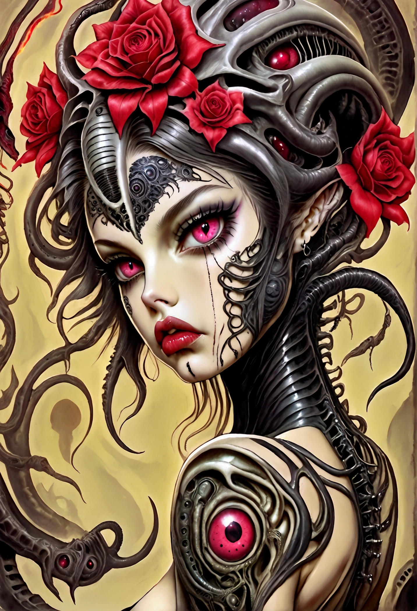 Hr giger tattooed sexy seductive dead girl, Ruby eyes,