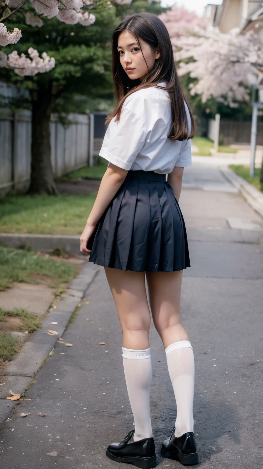 (8K, 超A high resolution, Best Quality, masutepiece:1.2),(18year old:1.2)、(Look away)、8K、RAW portrait of japanese girl、Photorealsitic、超A high resolution、top-quality、 (huge-breasted、Close all buttons on the shirt:1.4)(student clothes、Pure White Cutter Shirt、Check Pleated Mini Skirt:1.35)、(in a street:1.2) BREAK (Natural Skin Texture、Detailed skin、Hyper-Realism、ultra sharpness)、intricate detailes、depth of fields(Put a white shirt inside the skirt:1.3)、Show the armpits、Navy Plaid Pleated Micro Mini Skirt(Black hair short bob、Shiny legs、T back、Black loafers、Black stockings:1.3)