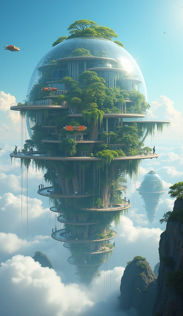 **"Floating Biosphere City"**
"High above the clouds, an entire city floats gracefully, sustained by advanced biosphere technology. Each building is an ecosystem unto itself, with transparent domes housing lush forests, cascading waterfalls, and even small lakes. Skybridges connect these biodomes, allowing residents to walk among the treetops and marvel at the engineered beauty of their environment. The city is powered by renewable energy sources, with solar panels and wind turbines integrated seamlessly into the architecture. Residents move about in personal flying vehicles, designed to look like various birds and insects, blending harmoniously with the natural surroundings. In the distance, other floating cities can be seen, each a beacon of sustainable living and advanced technology. The sky is a brilliant blue, dotted with fluffy clouds and the occasional passing bird, creating a serene and uplifting atmosphere."