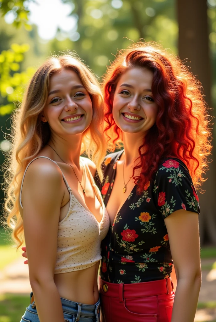 This is a photograph capturing two women standing together outdoors on a sunny day. The woman on the left has light skin, long, straight, blonde hair, and is wearing a white blouse with a delicate pink floral pattern and blue jeans. She is smiling warmly and has a relaxed posture. The woman on the right has fair skin, curly red hair, and is wearing a low-cut, light pink blouse that reveals a significant amount of cleavage and a plunging neckline, paired with light blue jeans.