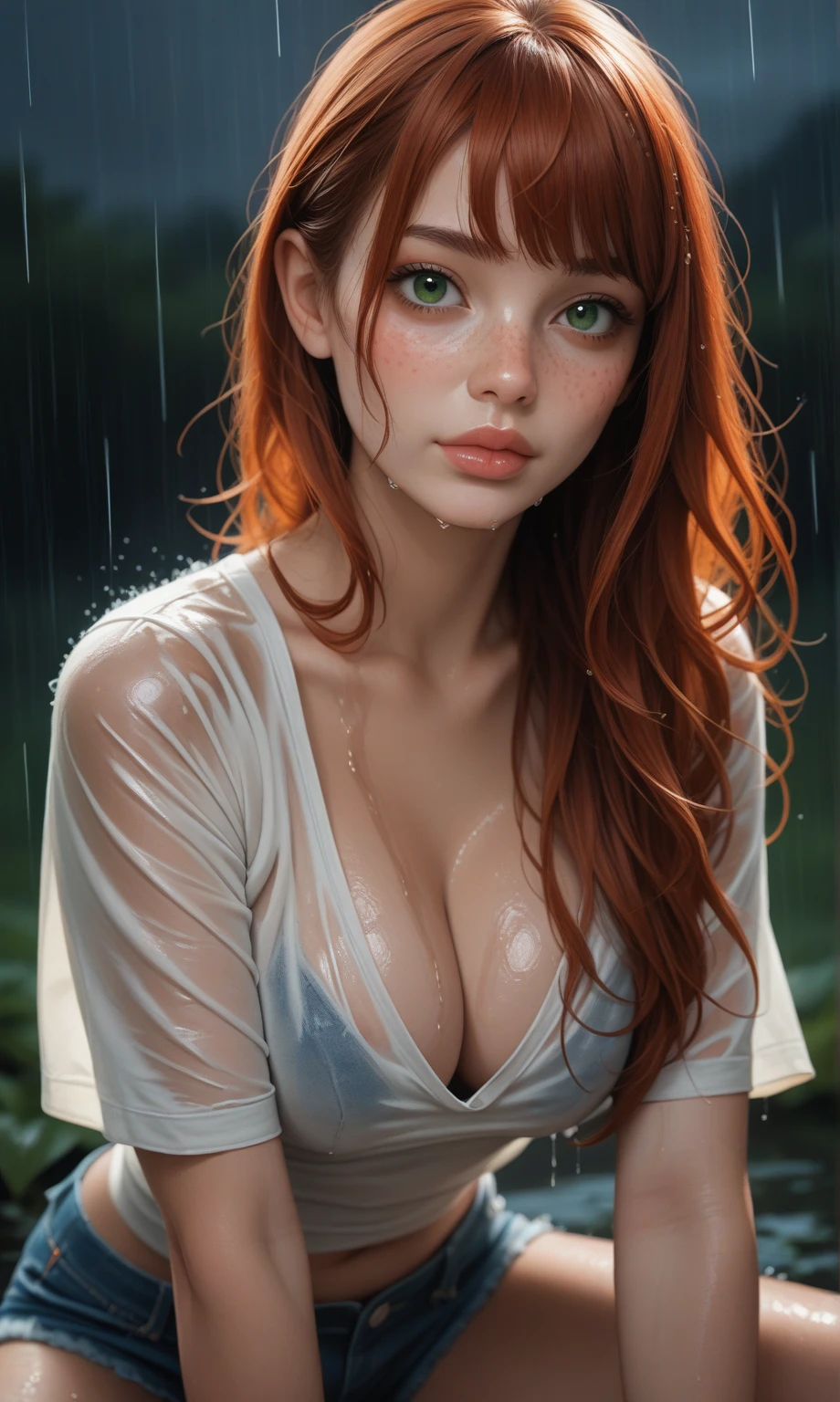 score_9, score_8_up, score_7_up, score_6_up, photo, realism, photorealistic, portrait, full face, young girl, redhead, freckles, square bangs, straight bangs, green eyes, makeup, big lips, skinny, big breasts, cleavage, wet white shirt, short denim shorts, wet skin, wet hair, looking at viewer, black background, rain, depth of field, low light, film grain