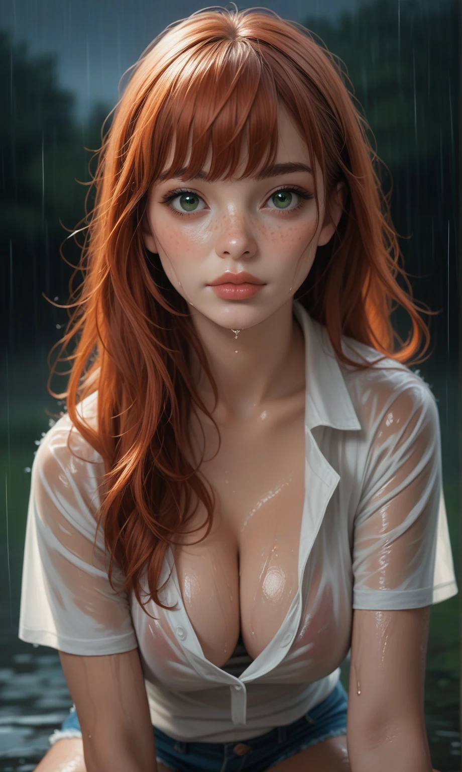 score_9, score_8_up, score_7_up, score_6_up, photo, realism, photorealistic, portrait, full face, young girl, redhead, freckles, square bangs, straight bangs, green eyes, makeup, big lips, skinny, big breasts, cleavage, wet white shirt, short denim shorts, wet skin, wet hair, looking at viewer, black background, rain, depth of field, low light, film grain