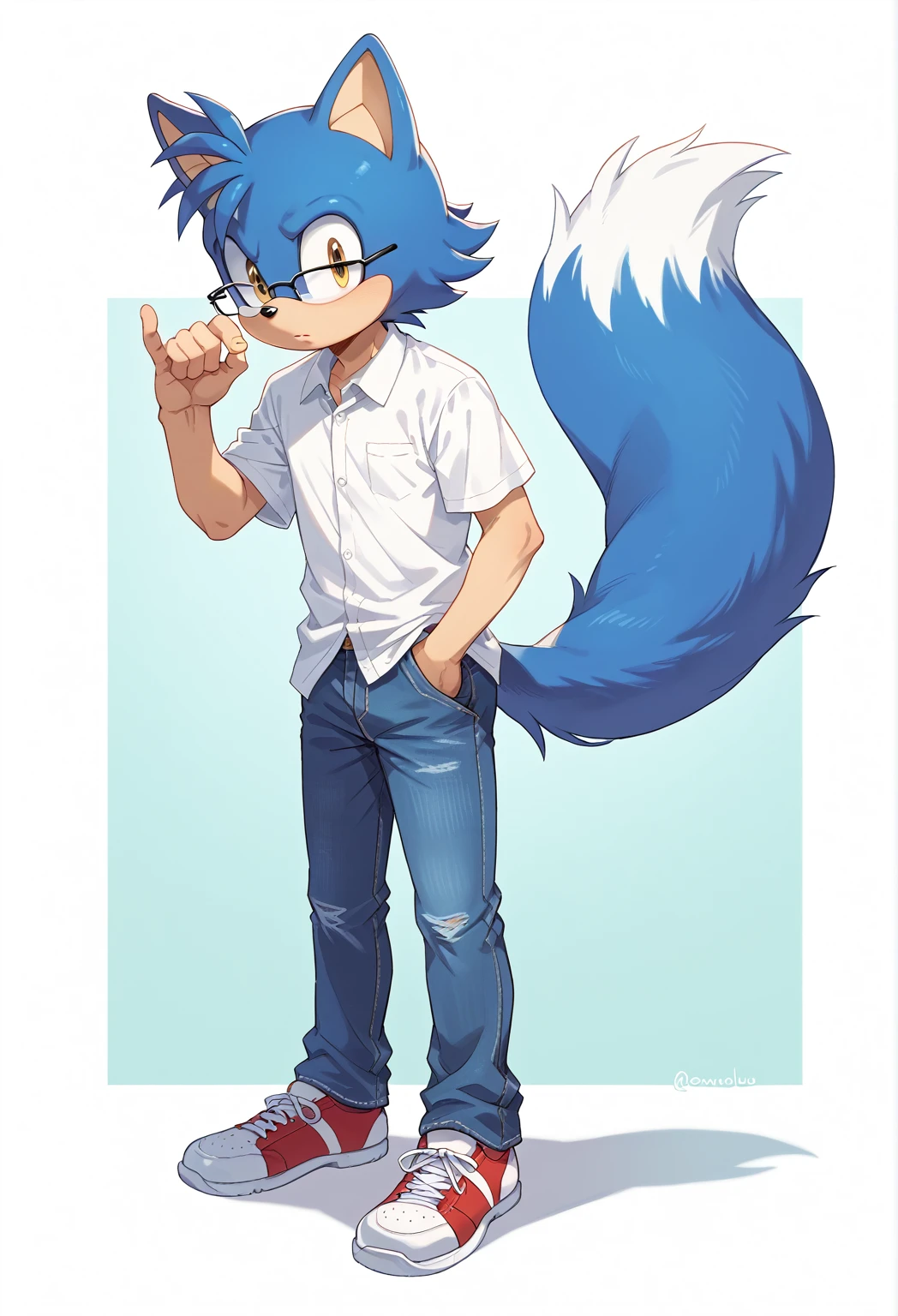 Male cat, ((Sonic character oc )), Male adult, ( Dark Blue fur in all body ), ( Light White inner ears ), (Alone), ( Short hair ), School, , wears a Red hoody and Jeans, 
white sneakers, yellow Eyes, Glasses, Day time, ((mobian)), moebius school, (Fluffy Fur), Large Tail, Nerd pose, athletic body hidden under his clothes