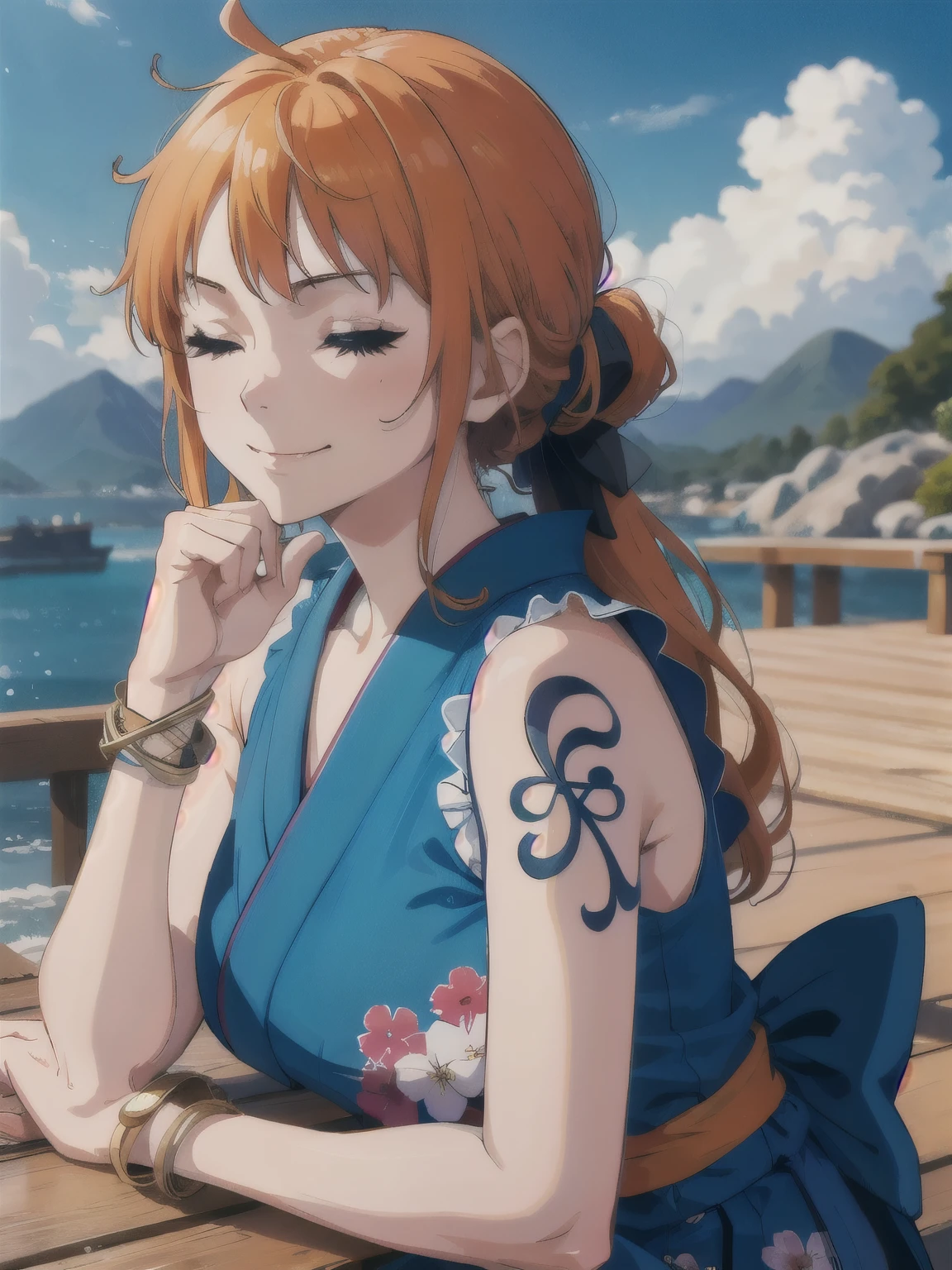 2D, masterpiece, best quality , anime, Highly detailed face , Highly detailed background , perfect lighting , Us, 1 , Alone, An Eyes Closed, long hair, smile, joy, track, japanese clothes, Heart, orange hair, kimono, bow, light blue kimono, flower, flower print, toys, looking at the spectator , sleeveless kimono, ahoge, hair, hair bow, sky, is, bracelet, sleeveless, ;\), blue bow, outdoor, breasts, cloud, Closed mouth, ponytail , blue sky, brown eyes , orange eyes, Left shoulder tattoo, bare shoulders, very long hair, sidelocks, fringe, collarbone, upper body , tattoo on left arm , bare arms, official alternative costume, blurry, hand gesture, alternative costume, medium breasts, blurry background, large breasts, eyelashes, mountain, parody, cloudy sky, sitting, shiny hair, bracelet, wavy hair,
