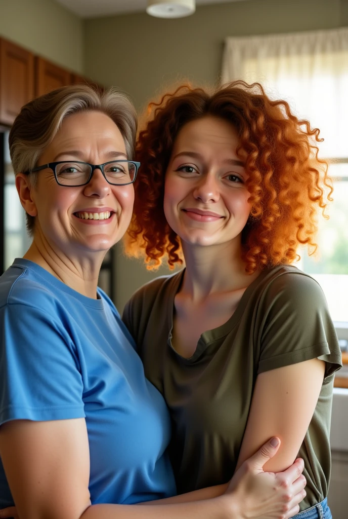 This is a photograph of two people standing in a kitchen. On the left is an older woman with short, light brown hair and glasses. She is smiling warmly at the camera, wearing a blue t-shirt. She has a medium build and appears to be of Caucasian ethnicity. Next to her, on the right, is a young woman with a light skin tone and curly, vibrant red hair. She is wearing a cropped, olive-green top that accentuates her medium-sized breasts and a small waist.