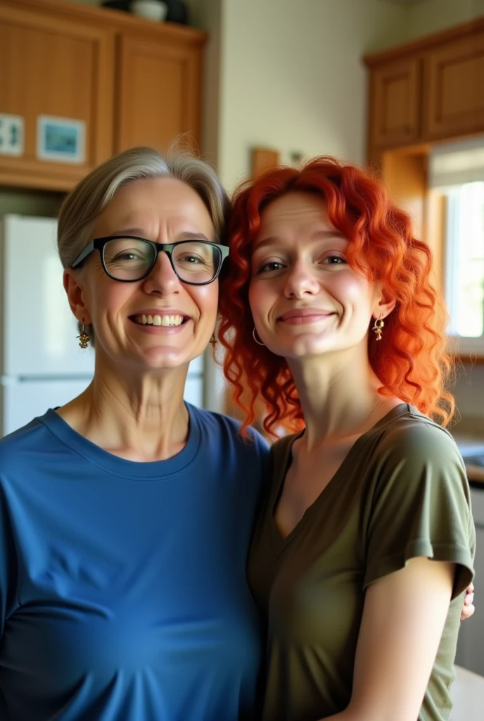 This is a photograph of two people standing in a kitchen. On the left is an older woman with short, light brown hair and glasses. She is smiling warmly at the camera, wearing a blue t-shirt. She has a medium build and appears to be of Caucasian ethnicity. Next to her, on the right, is a young woman with a light skin tone and curly, vibrant red hair. She is wearing a cropped, olive-green top that accentuates her medium-sized breasts and a small waist.