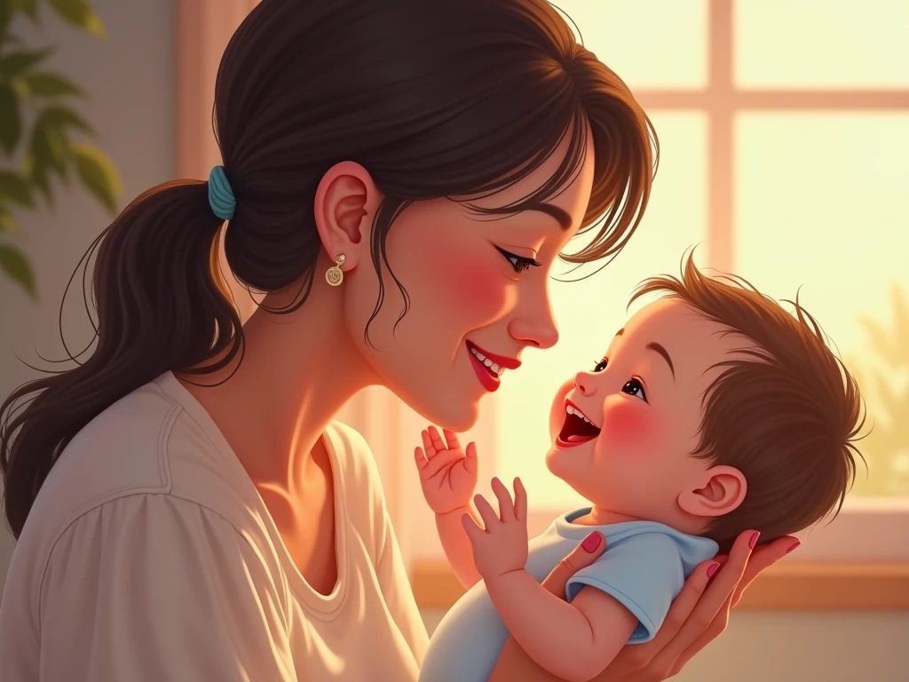 Illustration of mother giving her child food