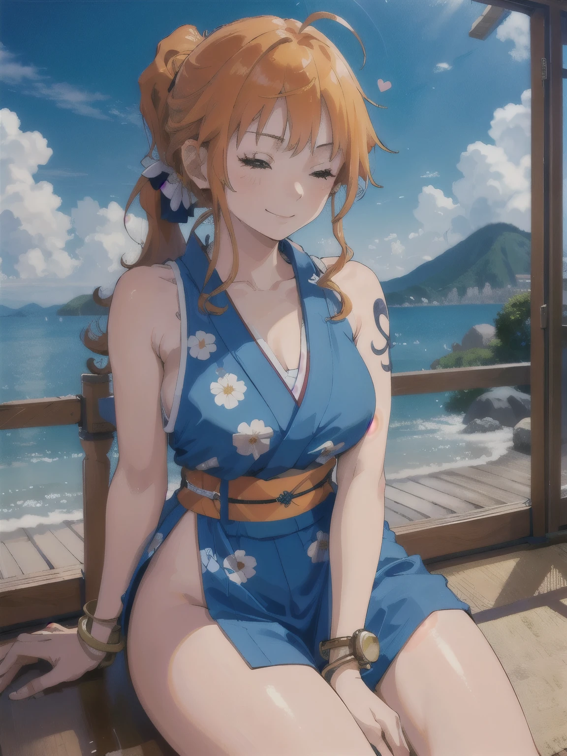 2D, masterpiece,  best quality , anime,  Highly detailed face ,  Highly detailed background ,  perfect lighting , Us, 1 , Alone,  An Eyes Closed,  long hair, smile, joy, track, japanese clothes, Heart, orange hair, kimono, bow, light blue kimono, flower, flower print, toys,  looking at the spectator , sleeveless kimono, ahoge, hair, hair bow, sky, is, bracelet, sleeveless, ;\), blue bow, outdoor, breasts, cloud, Closed mouth,  ponytail , blue sky,  brown eyes , orange eyes, Left shoulder tattoo, bare shoulders, very  long hair, sidelocks, fringe, collarbone,  upper body ,  tattoo on left arm , bare arms, official  alternative costume, blurry, hand gesture,  alternative costume, medium breasts,  blurry background, large breasts, eyelashes, mountain, parody, cloudy sky, sitting, shiny hair, bracelet, wavy hair,
