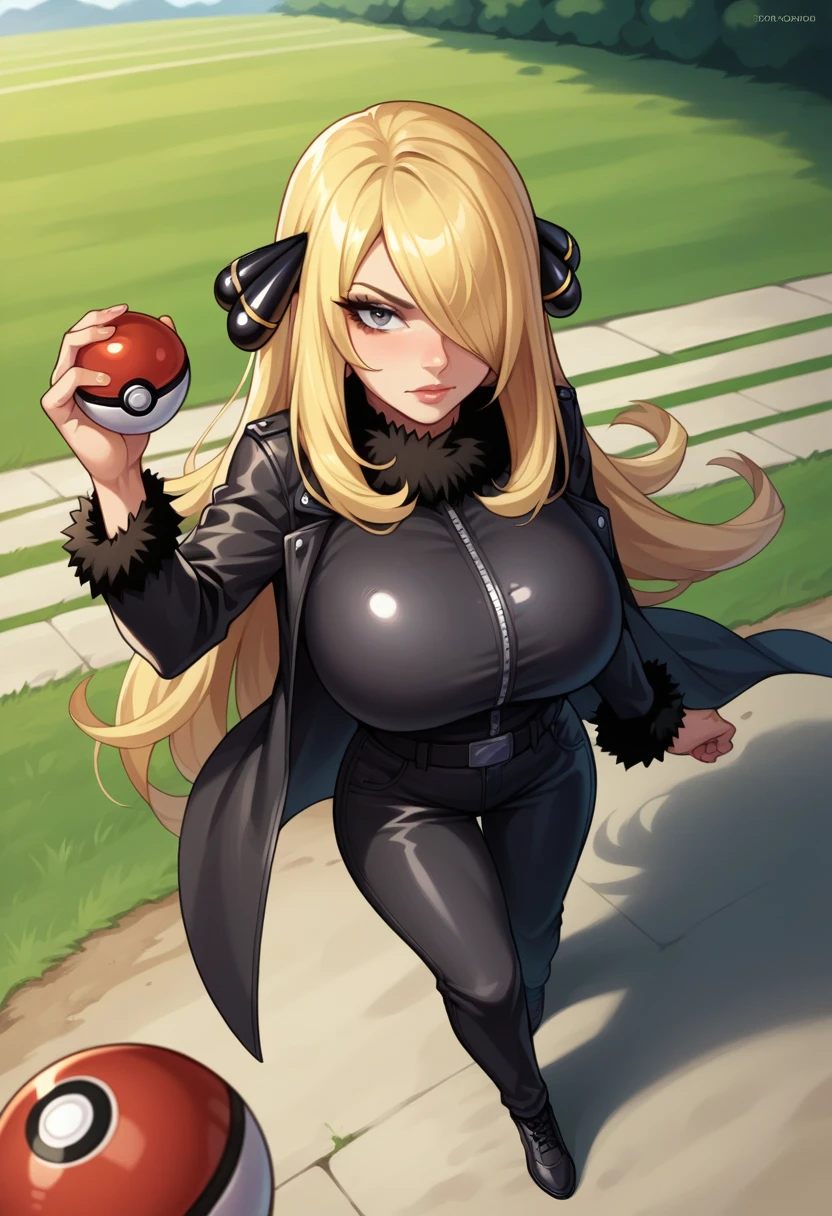 score_9, score_8_above,score_7_above, source_animated,  classification _questionable, 1 girl, Alone, EPPKCynthia , long hair, blonde, hair over one eye, grey eyes,  black pants ,  leather trim , fur collar, black robe, black shirt, mangas con  leather trim ,  fur-trimmed robe ,  long sleeves , aboveper body, holding pokeball, pokeball \(basic\), field, outdoors,  combat position , Launch , Launch  pokeball,  a covered eye, huge breasts 