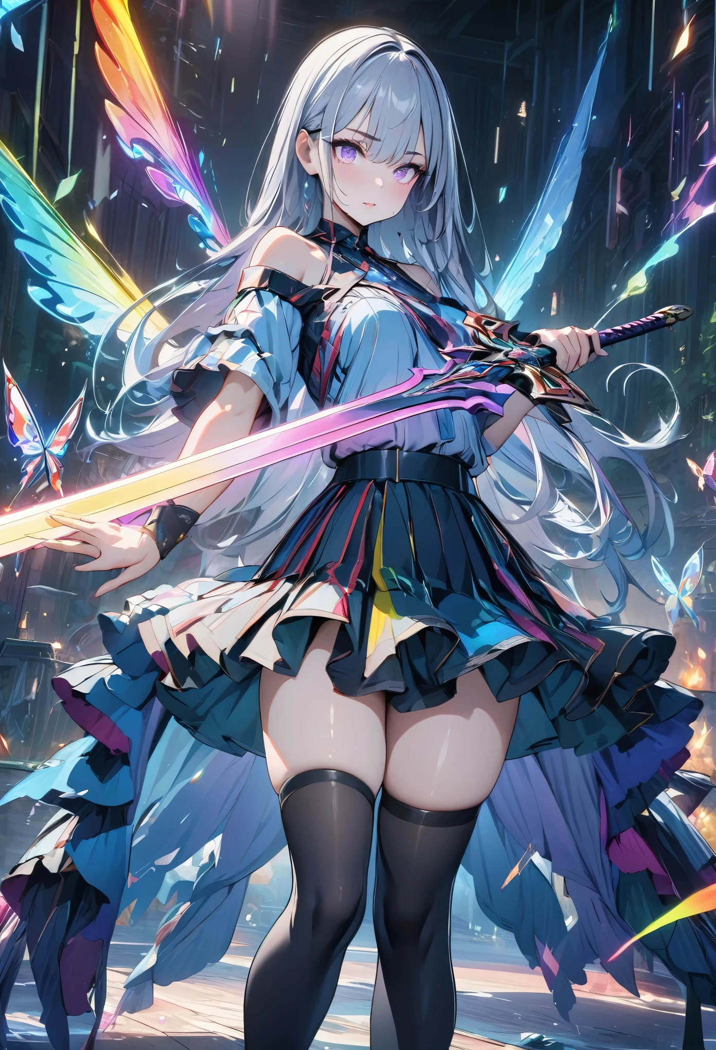 (masterpiece,  best quality:1.2,UHD,High Resolution、Detailed depiction), colorful ,   1 girl, Grey Hair,   purple eyes,  Destroy realityデュアル除草 , sword,  sword, Blue Flame, Shine, Shine武器,  Particles of light ,  wallpaper,   Color Assessment   ,    Too Much Exposed Skin    , skirt、 Black Knee High 、Destroy reality、I can see the rainbow butterfly 々 、Diffuse reflection of light、sword dance 、  Laser Beams 、Dancing Flames、magic