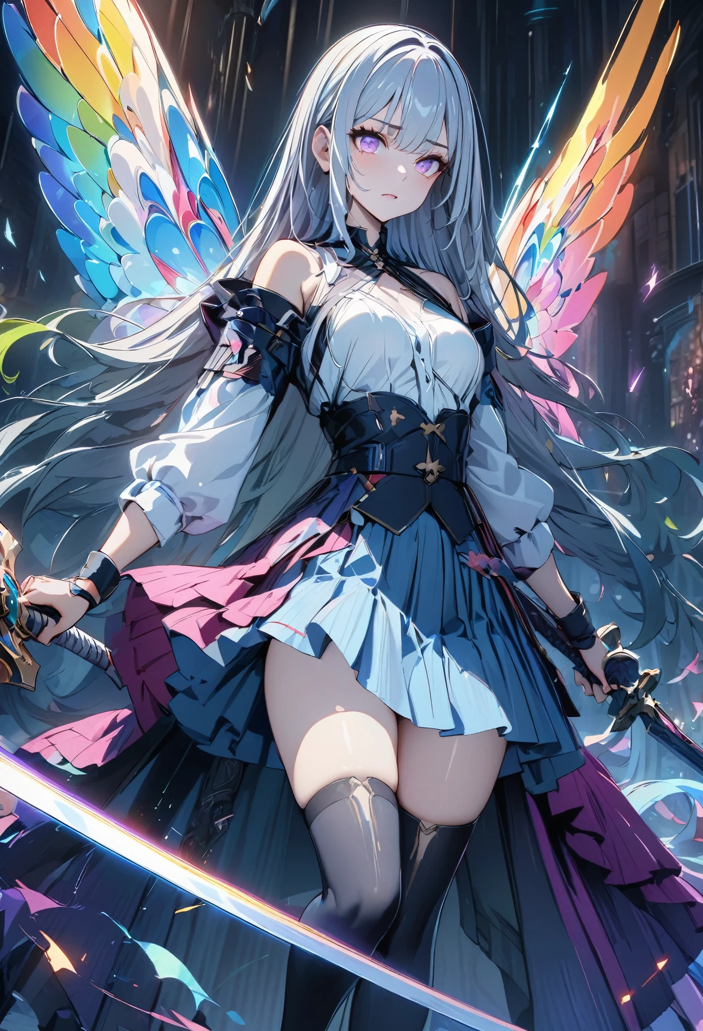 (masterpiece,  best quality:1.2,UHD,High Resolution、Detailed depiction), colorful ,   1 girl, Grey Hair,   purple eyes,  Destroy realityデュアル除草 , sword,  sword, Blue Flame, Shine, Shine武器,  Particles of light ,  wallpaper,   Color Assessment   ,    Too Much Exposed Skin    , skirt、 Black Knee High 、Destroy reality、I can see the rainbow butterfly 々 、Diffuse reflection of light、sword dance 、  Laser Beams 、Dancing Flames、magic