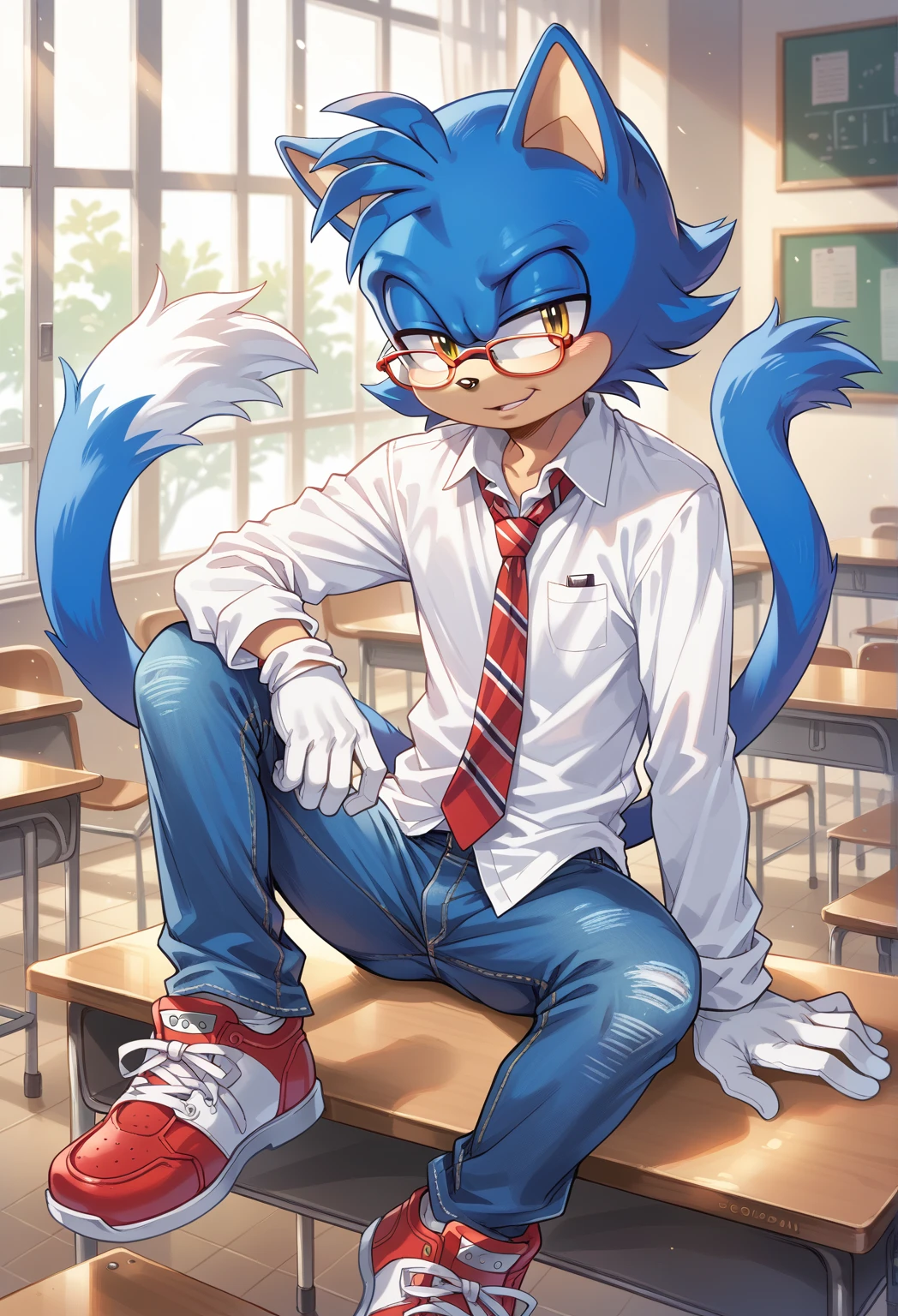 Male cat, ((Sonic character oc )), Male adult, ( Dark Blue fur in all body ), ( Light White inner ears ), (Alone), ( Short hair ), School, , wears a Red hoody and Jeans, 
white sneakers, yellow Eyes, Glasses, Day time, ((mobian)), moebius school, (Fluffy Fur), Large cat Tail, Nerd pose, athletic body and big dick hidden under his clothes