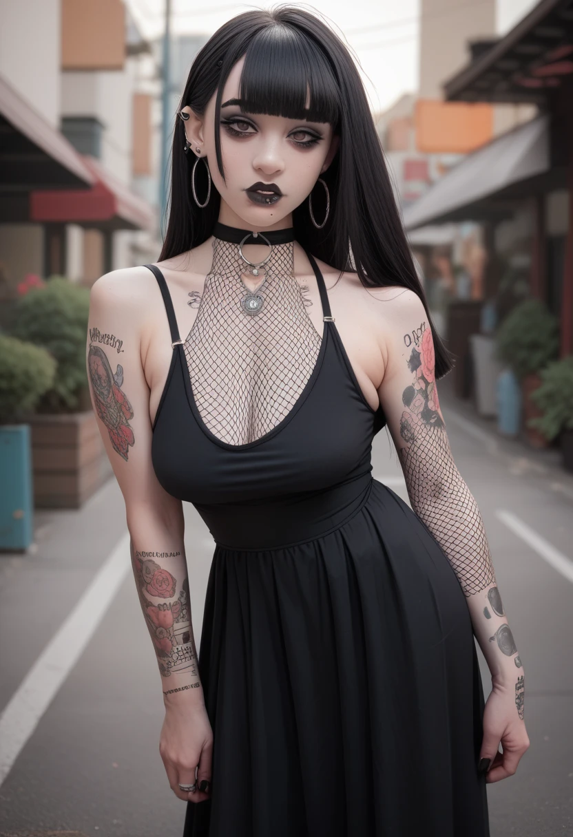 A young ghotic girl, 19yearsold, Breasts huge , ghotic clothes, dressing latex skirt, black top, piercing, tattoos, in a park, Artwork, 8k, hyper detailled, real photografic, natural moviment, cinematic