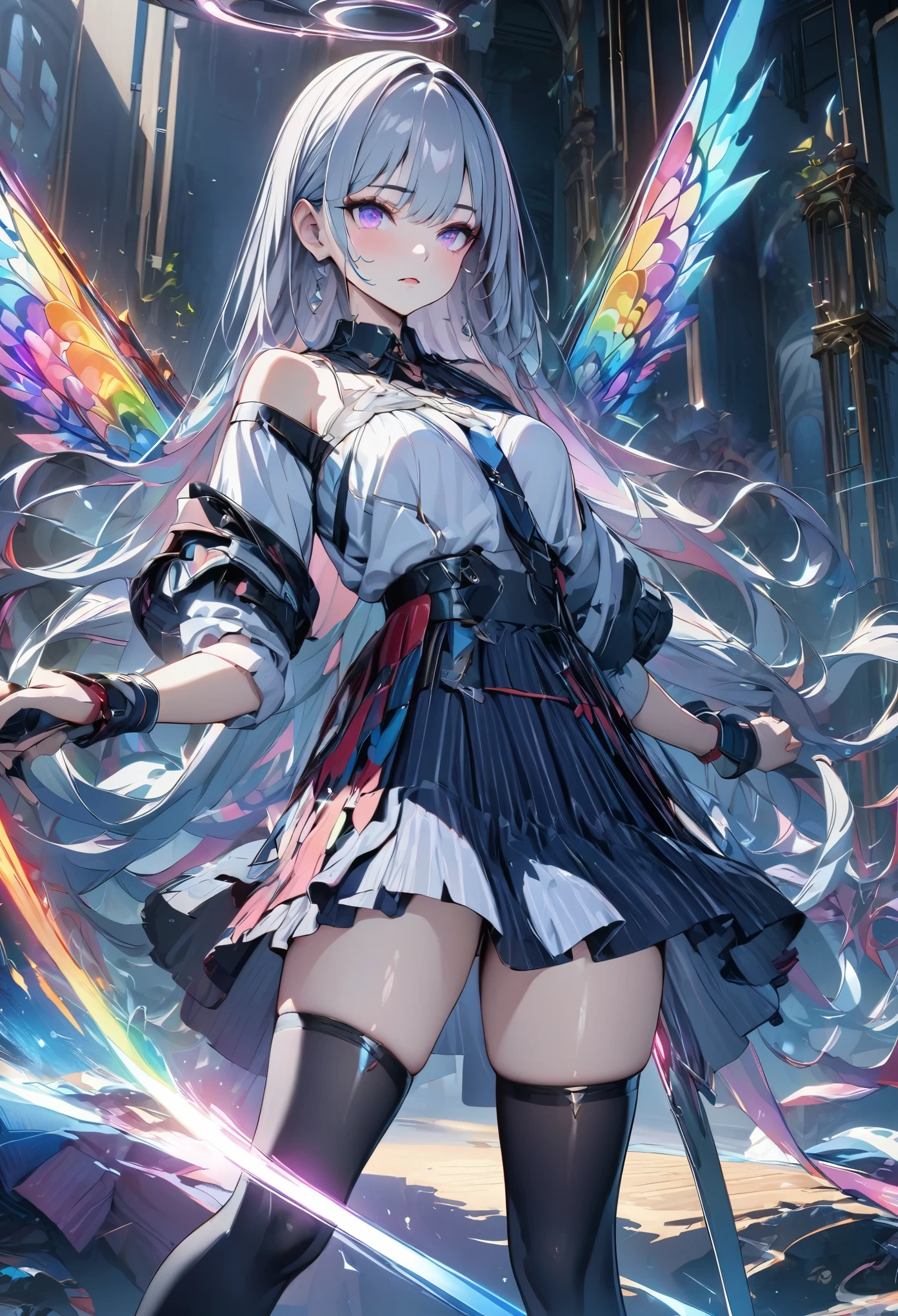 (masterpiece,  best quality:1.2,UHD,High Resolution、Detailed depiction), colorful ,   1 girl, Grey Hair,   purple eyes,  Destroy realityデュアル除草 , sword,  sword, Blue Flame, Shine, Shine武器,  Particles of light ,  wallpaper,   Color Assessment   ,    Too Much Exposed Skin    , skirt、 Black Knee High 、Destroy reality、I can see the rainbow butterfly 々 、Diffuse reflection of light、sword dance 、  Laser Beams 、Dancing Flames、magic