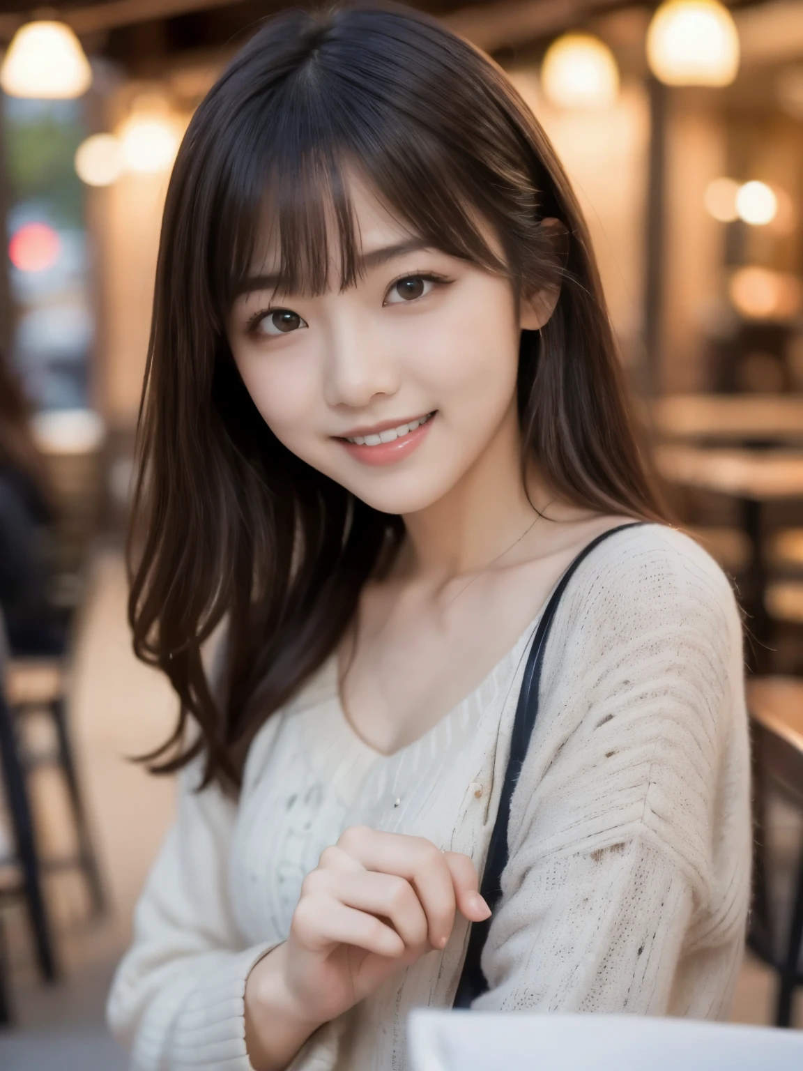 8k、Best Quality、Ultra Wide Angle Monofocal Lens 、(Representative Works:1.2)、( real)、( real:1.37)、One high school girl、Shake your hands with a big smile、 beautiful alignment of teeth、I'm putting my hand down、Coffee shop、HDR、(Cute Winter Clothes)、 perfect body 、Gravure photoshoot、Perfect Fingers、Beautiful Skin、Professional Lighting、Face and skin detail、Microparticles、 RAW Photos