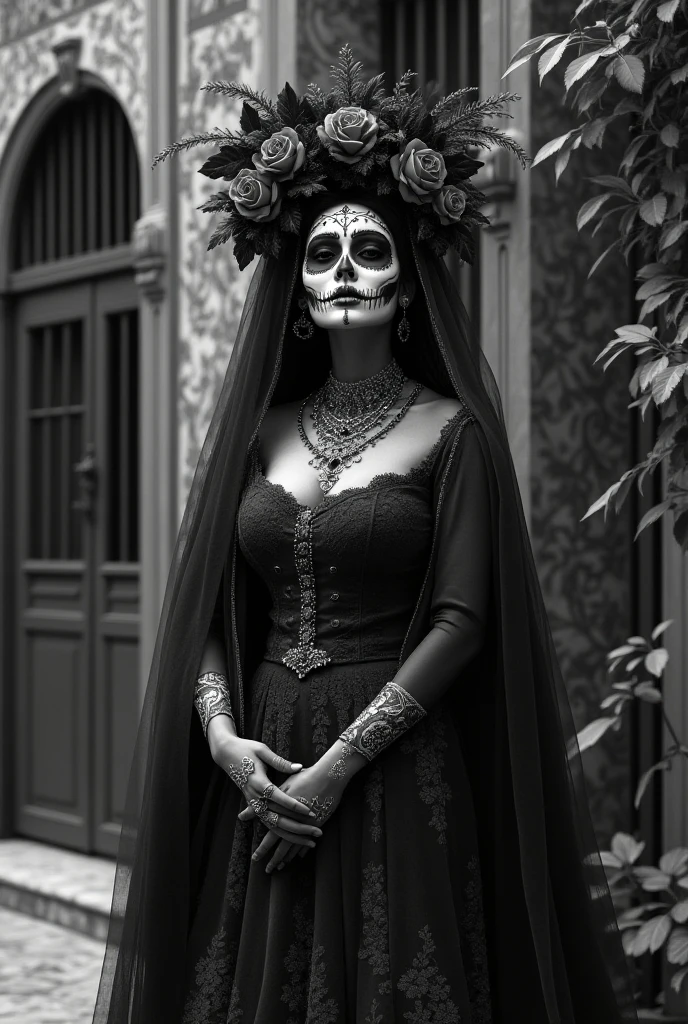 A closeup of a skeleton with a cross on its head, close-up portrait goddess skull, Retrato de um necromante sagrado, Retrato de um necromante feminino, Retrato do Necromante, mulher.