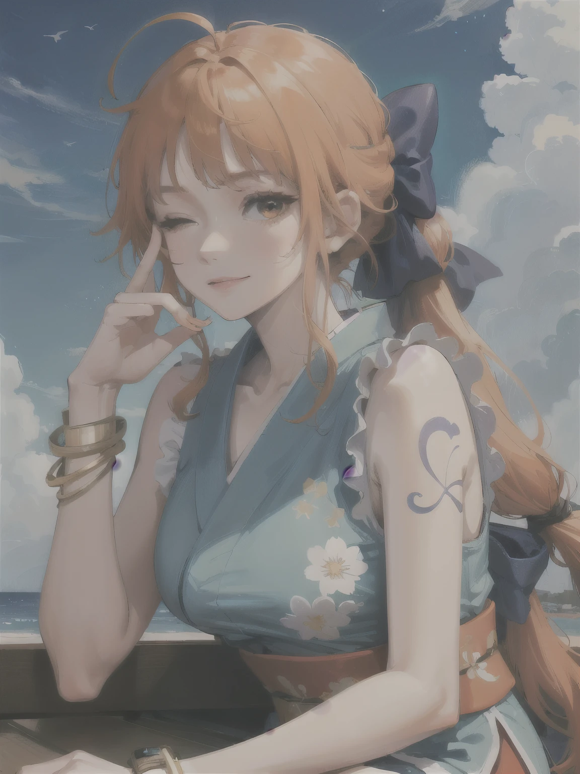 2D, masterpiece, best quality , anime, Highly detailed face , Highly detailed background , perfect lighting , Us, 1 , Alone, An Eyes Closed, long hair, smile, joy, track, japanese clothes, Heart, orange hair, kimono, bow, light blue kimono, flower, flower print, toys, looking at the spectator , sleeveless kimono, ahoge, hair, hair bow, sky, is, bracelet, sleeveless, ;\), blue bow, outdoor, breasts, cloud, Closed mouth, ponytail , blue sky, brown eyes , orange eyes, Left shoulder tattoo, bare shoulders, very long hair, sidelocks, fringe, collarbone, upper body , tattoo on left arm , bare arms, official alternative costume, blurry, hand gesture, alternative costume, medium breasts, blurry background, large breasts, eyelashes, mountain, parody, cloudy sky, sitting, shiny hair, bracelet, wavy hair,