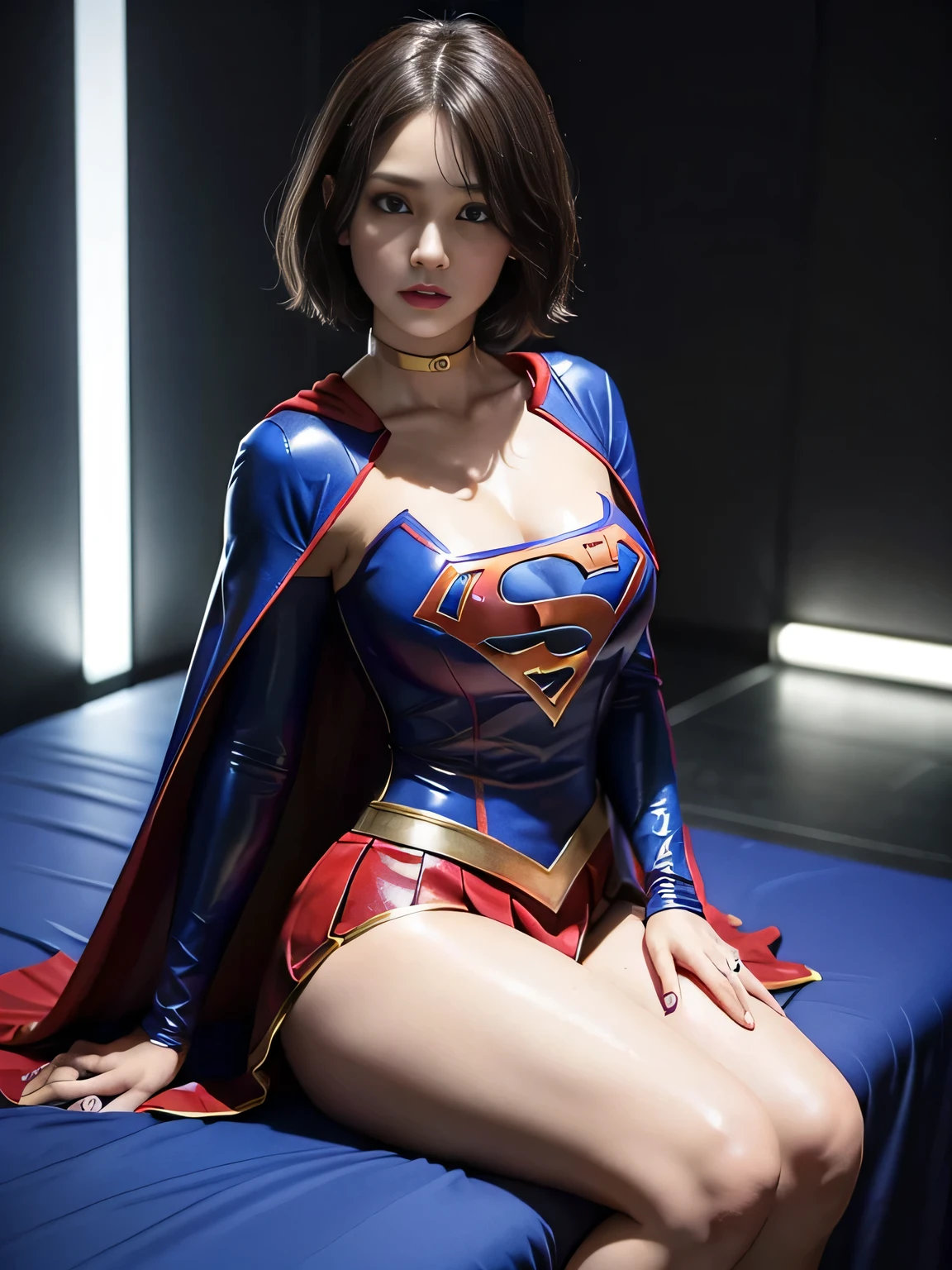 master piece,Supergirl costumes, short hair, barefoot, big and full breasts,operating room、operating table、straddle、corrupted、shiny、look at the camera、choker、long sleeve、red mini skirt、Fluttering cloak