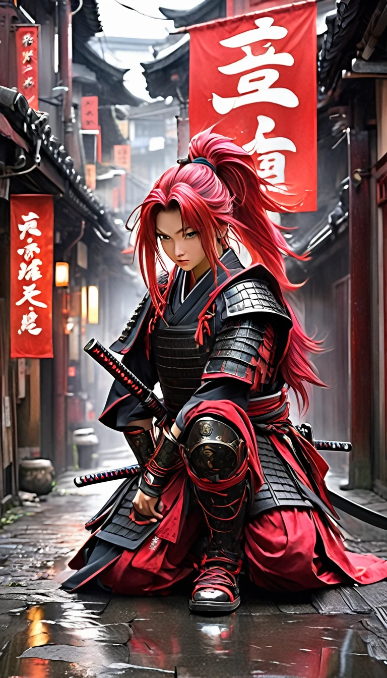 Water colour technic,NijiXmiya illustration Manhwa anime style portrait/a female samurai/intricate red samurai armour /ponytail hair/black base,pink dye dip hair/kneeling on the ground/stabbing katana sword to the ground/background(Old Tokyo city alley street)/(8k,wallpaper of extremely detailed CG unit, high resolution, top-quality, top-quality real texture skin, hyper realistic, increase the resolution, RAW photos, best quality, highly detailed, the wallpaper,golden ratio,high saturation realism, vibrant colors, dramatic lighting, persuasive storytelling, atmospheric scenery, captivating visuals, intricate details, strong emotions,dreamlike world