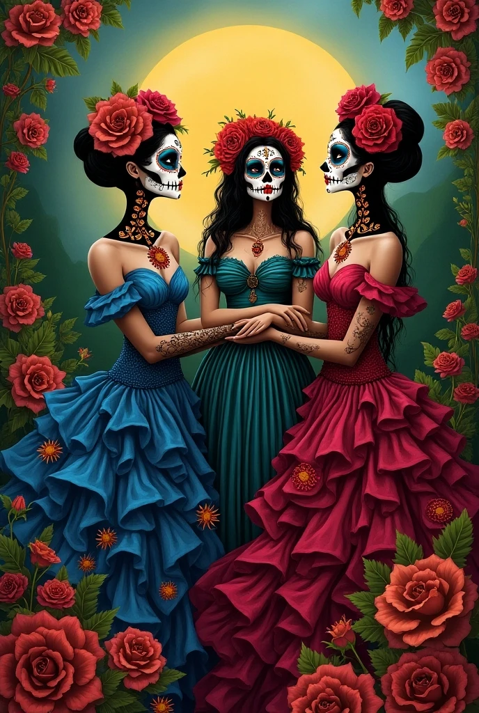 "Catrina's Reflection": A reflective composition capturing Catrina La Muerte gazing into a mirror, revealing a blend of her vibrant, living self and her skull visage, symbolizing the introspection and contemplation of mortality, Surrealism, color field printing, high detail, UHD, 8k, anatomically correct, cinematic lighting 4d quality --auto --s2