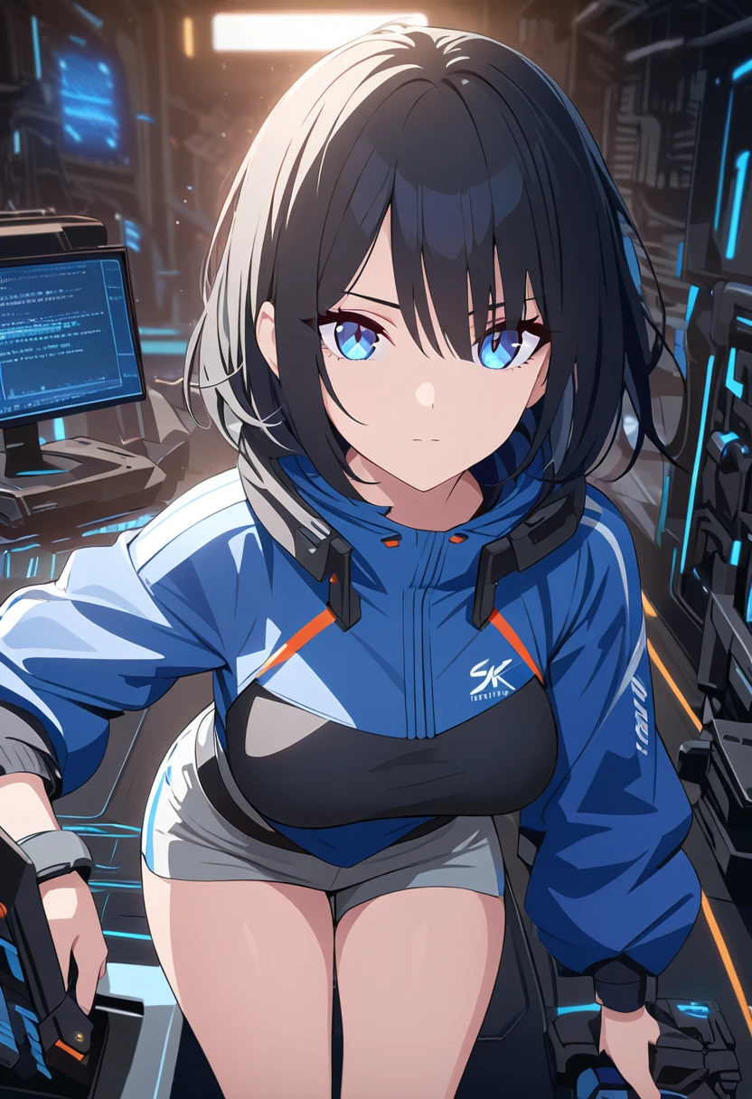 Best Quality, masterpieceUltra HD, 8k,SF，サイバーブルースーツを着たwoman，Black Hair，青 eyes，Shortcuts, Best Quality,High resolution, Ultra HD, blue eyes