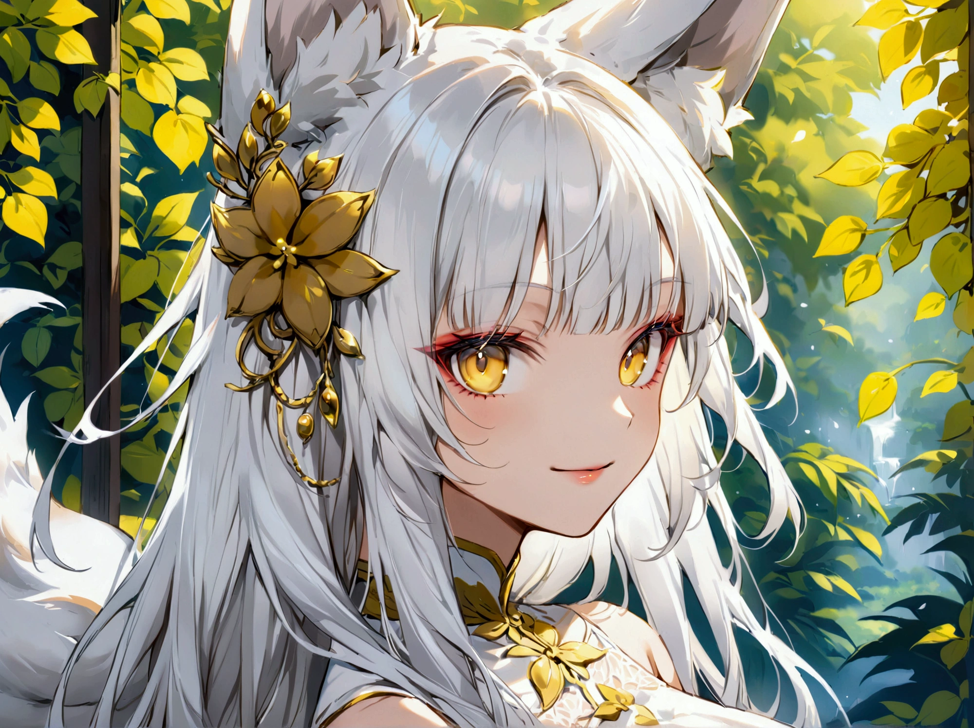 Anime fox woman, full body shot, yellow eyes, white hair, Long Hair, Smile, Bangs, High Resolution, Detail, Breasts, Fox Ears,