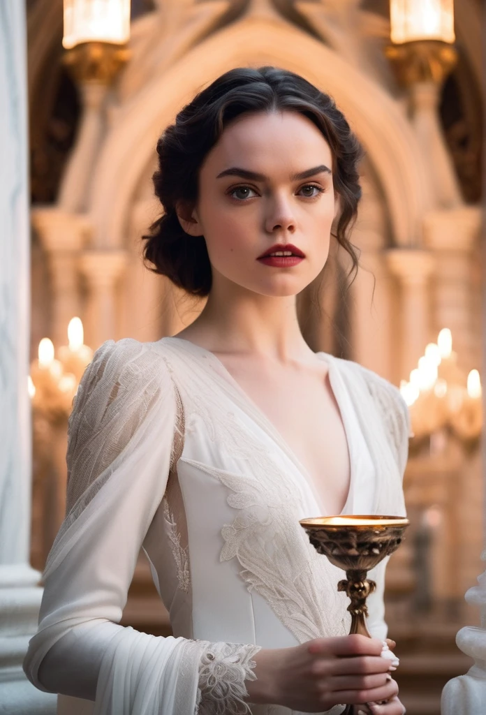 A portrait of a vampire woman resembling Daisy Ridley with very pale, white skin, standing in a luxurious white marble castle. She is dressed in an aristocratic white vampire gown with intricate lace and elegant details. She holds a goblet in one hand, displaying her sharp fangs and piercing vampire eyes. The background features ornate marble architecture with gothic details, lit by soft candlelight. Her expression is intense and alluring, blending elegance and darkness