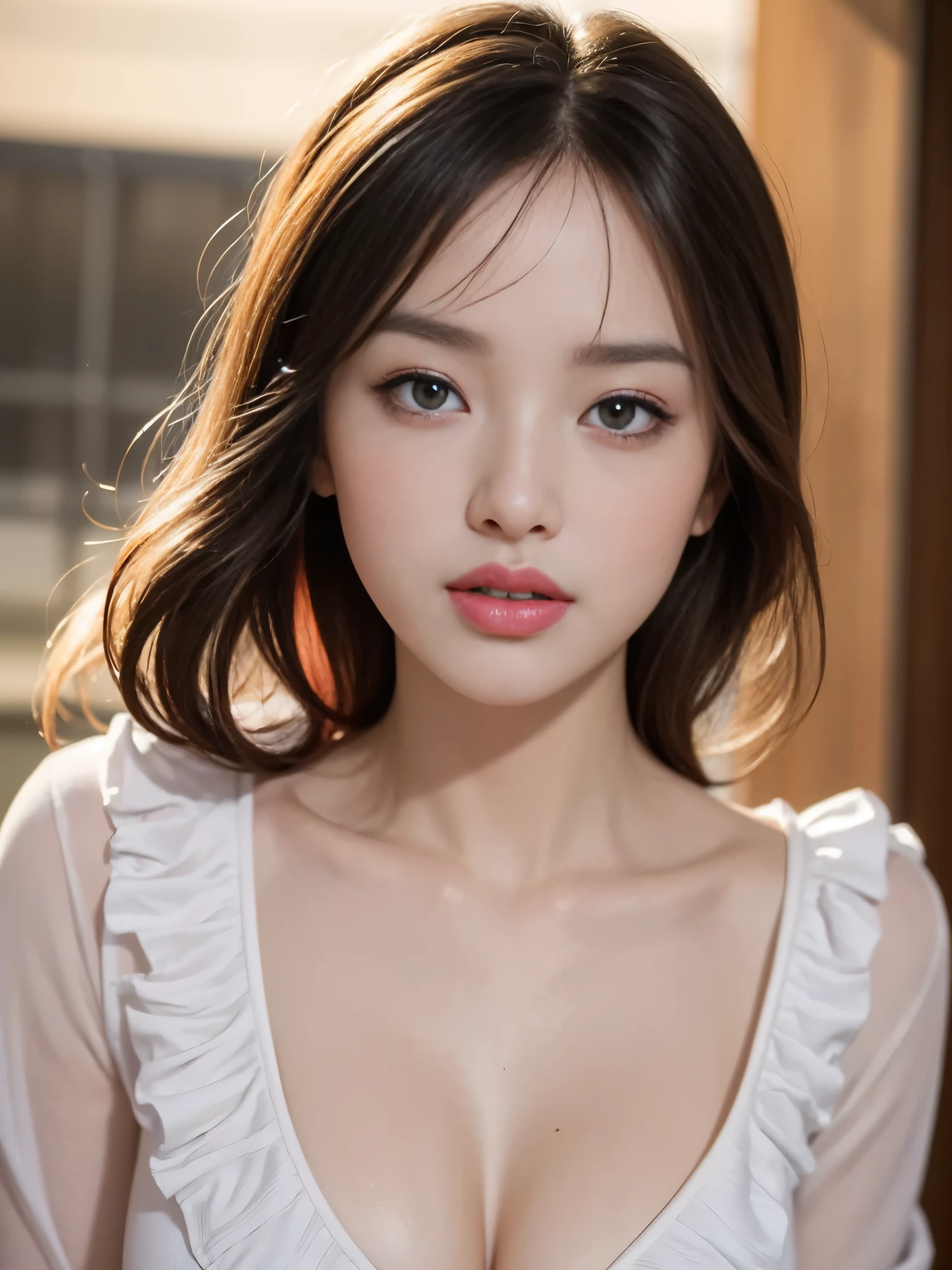 Kim Jennie de blackpink con el cabello rubio claro, cabello rubio con ondulado, cabello de color rubio ondulado, with small fringes, ojos color negro, nariz respingada y bonita, labios gruesos, Cupid and heart shaped lips.., labios rosas, pale, piel blanca, piel bonita y suave, con pecas y lunares, cejas bonitas, marked and beautiful clavicle, mientras tiene un polo con rosas color rojo tinto, rojo oscuro, con ropa interior femenina, abdomen delgado y bonito, escote desnudo, (pechos grandes, pechos suaves, pechos naturales, escote desnudo), mientras agarra una rosa,  mirando a la camara, autofoto