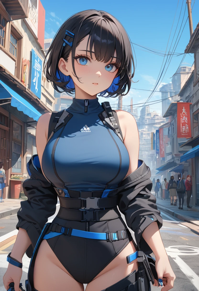 Best Quality, masterpieceUltra HD, 8k,SF，サイバーブルースーツを着たwoman，Black Hair，青 eyes，Shortcuts, Best Quality,High resolution, Ultra HD, blue eyes