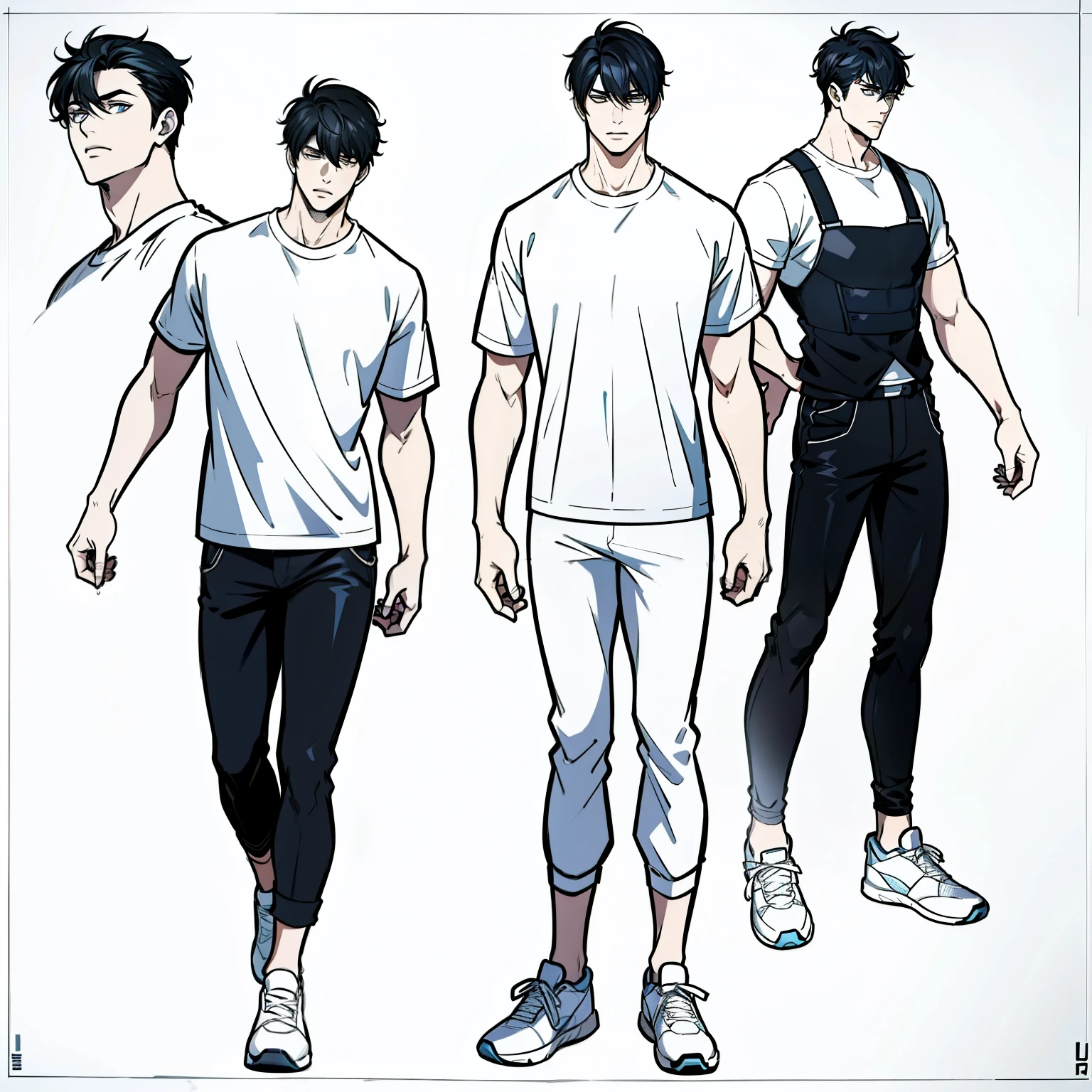 Go Eunhyuk from the Webtoon called Operation True Love, concept art, character concept, handsome main character, white t-shirt, Open Baseball oversized shirt, black pants, white shoes, full body, character sheet