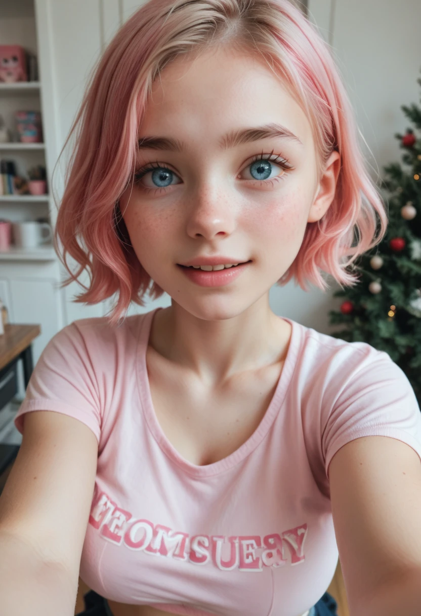 Pale girl, Pink hair, short hair,Hair a little wavy,Light blue eyes,Tender face, adorable face,Shy, blushing ,With big breasts ,POV selfie ,With a very large and very wide neckline ,big breasts,happy ,At the coffee shop, with a short pink crop top