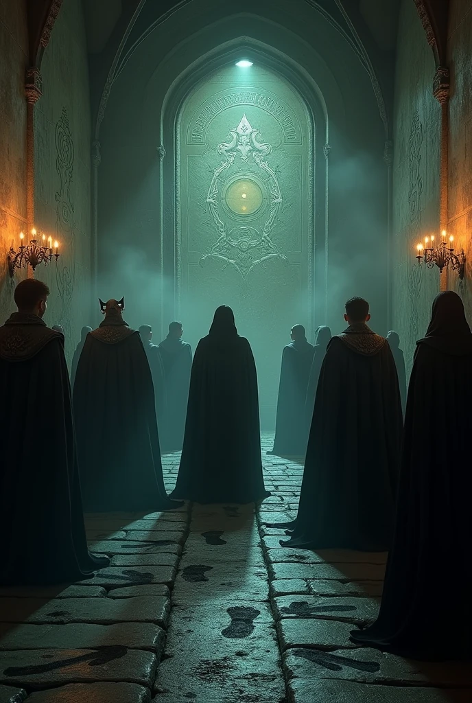 A very clear ulltra hd dynamic lage of "An eerie room inside the abandoned castle with strange, cryptic symbols and mysterious paintings on the walls. The floor is covered with strange footprints and faded markings. The room is dimly lit, with only flickering torches casting shadows. The king and his soldiers stand in awe, studying the symbols, their faces filled with confusion and fear."