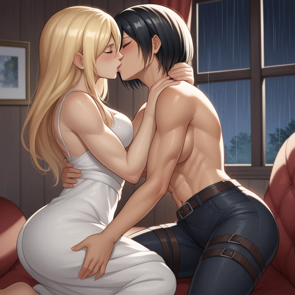 score_9, score_8_up, score_7_up, score_6_up, source_cartoon, source_anime, fdom_awall, hetero, 1boy and 1girl, detailed background, medieval, castle, aether from genshin, lumine from genshin, femdom, rating_explicit, passionate kiss, breast press, erect penis, large penis, lhand_crotch, ((handjob)), rhand_wall, nude, lace lingerie, nipples, panties, cum drip, 