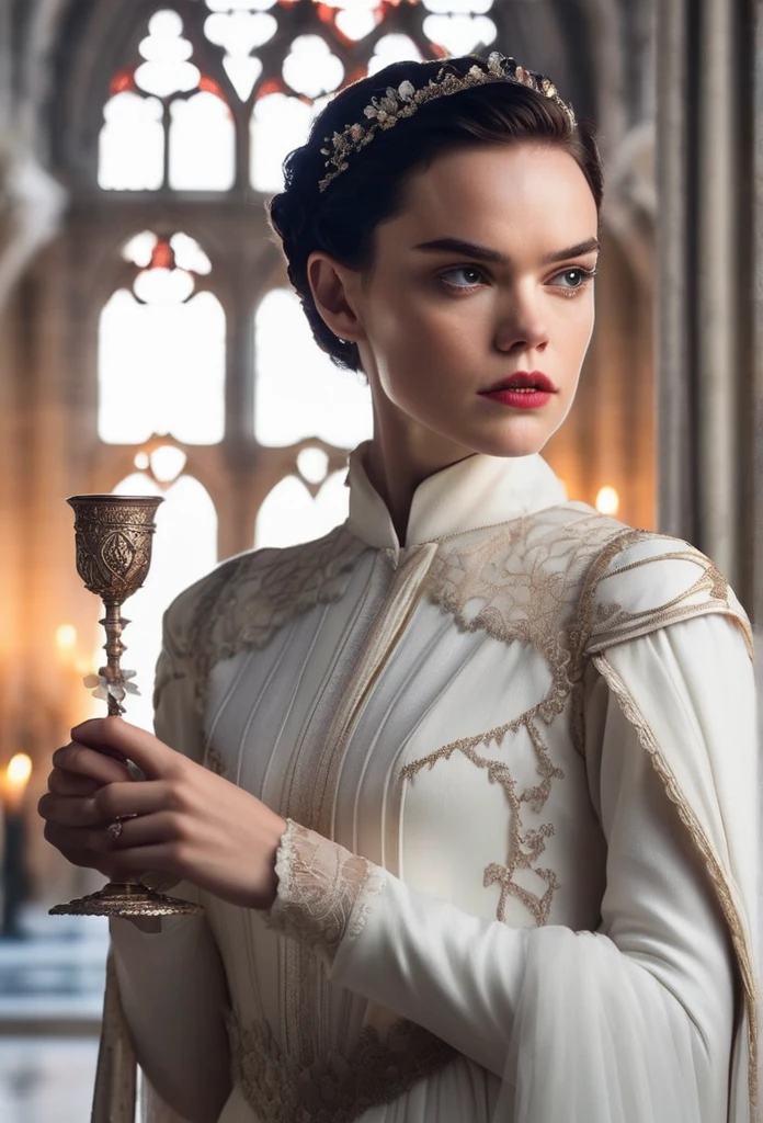 A portrait of a vampire woman With  Daisy Ridley's face,  With combed-back Pixie haircut style, with very pale, white skin, standing in a luxurious white marble castle. She is dressed in an aristocratic white vampire gown with intricate lace and elegant details. She holds a goblet in one hand, displaying her sharp fangs and piercing vampire eyes. The background features ornate marble architecture with gothic details, lit by soft candlelight. Her expression is intense and alluring, blending elegance and darkness