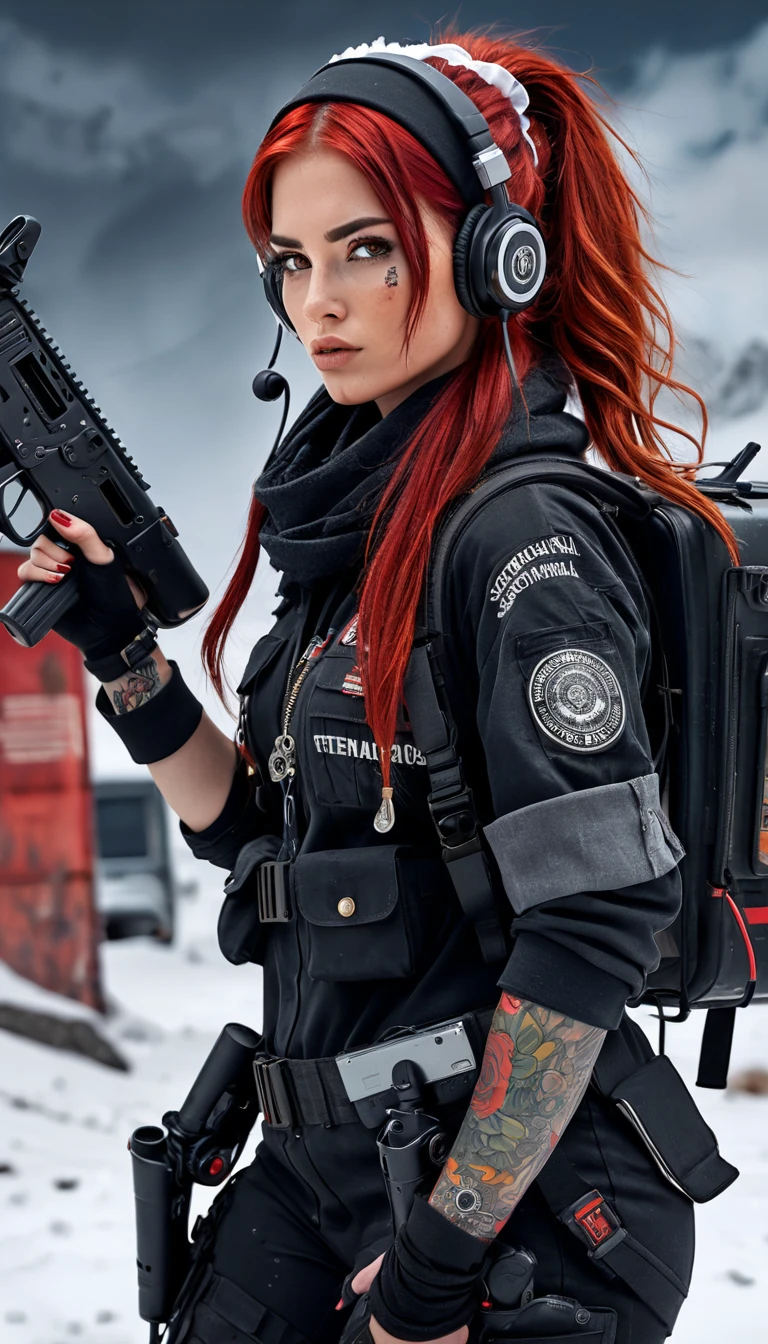  Full body from head to toe, post-apocalyptic, high resolution, 1 woman, Solo, (Detailed face), Tattoo on the face with the text "Athena", Red hair, Long hair closed in back , military Nurse outfit, red black clothe, Snow background, Girl aiming assault rifle, mechanical, Glowing Eyes, Metal surface lower both arm, Digital display, Streamlined Design , Colorful wires ,scarf rotate on head, long boots wit red roll, headset with antenna and headband medical sight, medical box in waist, stethoscope, The medical very small box including electric shock and automatic atropine should be mechanically designed on the clothes ,along with the power generator in the backpack for the shock device. very detail and mechanical.